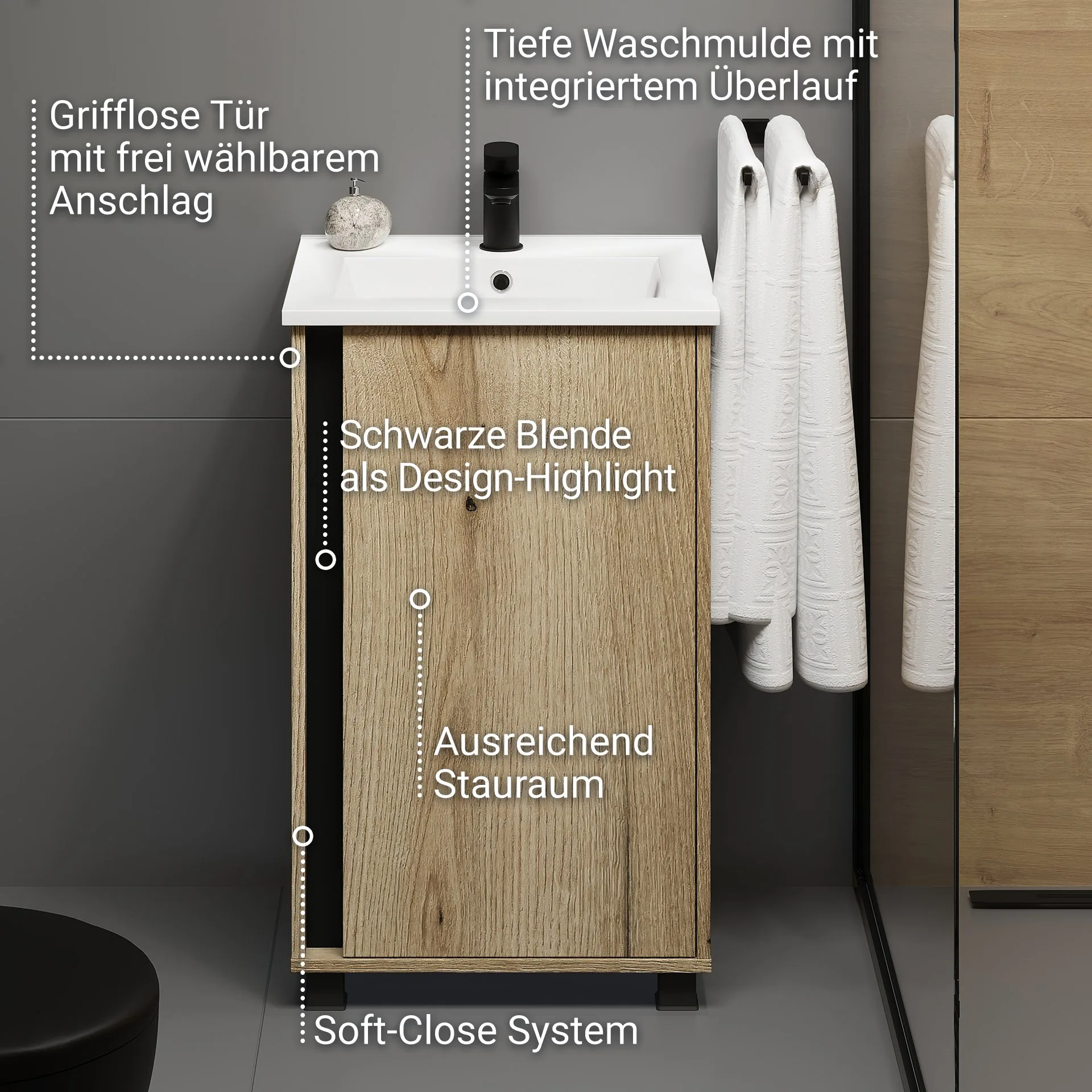 BADEDU LULE Gäste WC Waschtisch Set 51 cm breit, Braun, Waschbecken Keramik Weiß, mit Füßen