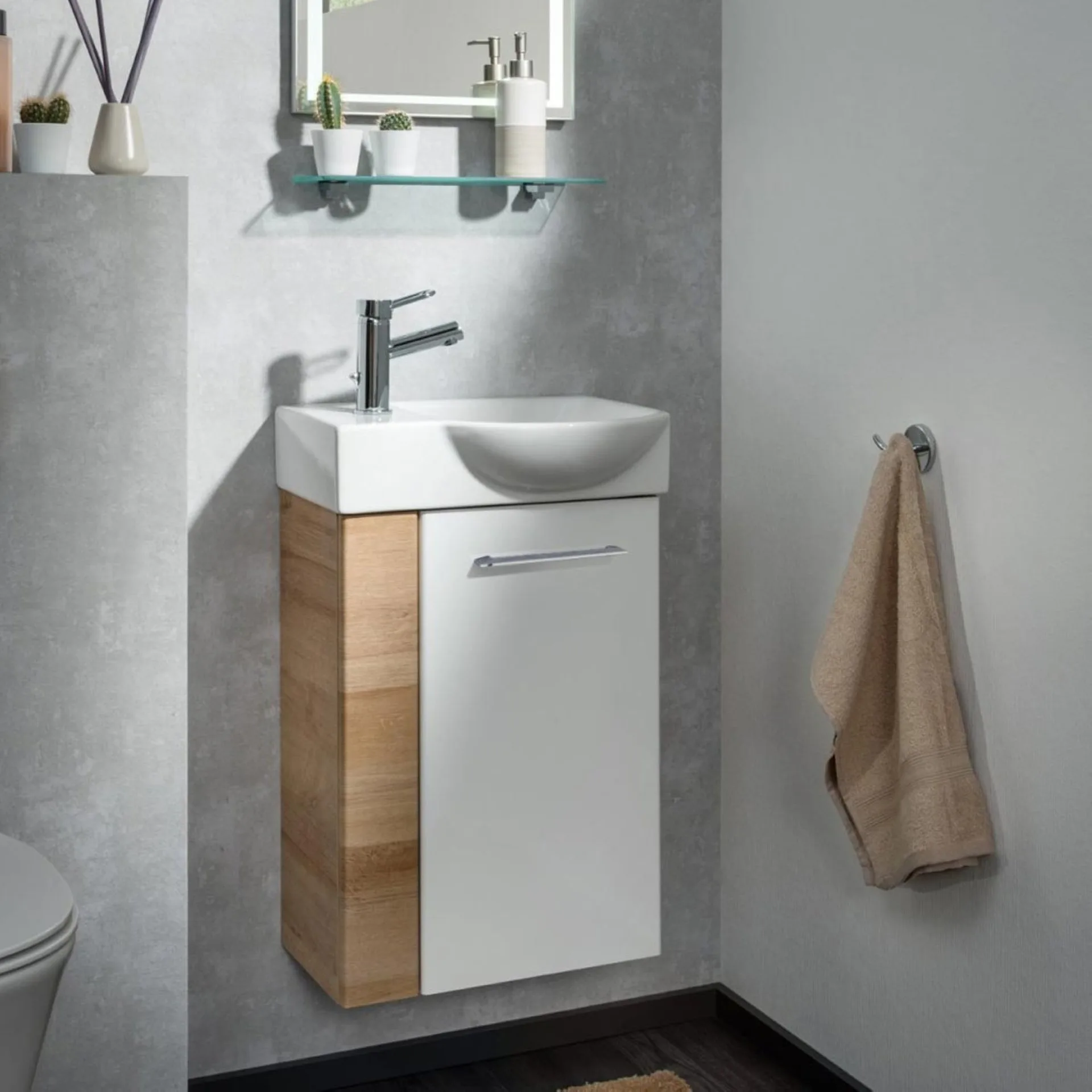 FACKELMANN SBC MILANO Waschbeckenunterschrank Gäste WC 45 cm breit, Weiß/Braun hell, Türanschlag rechts
