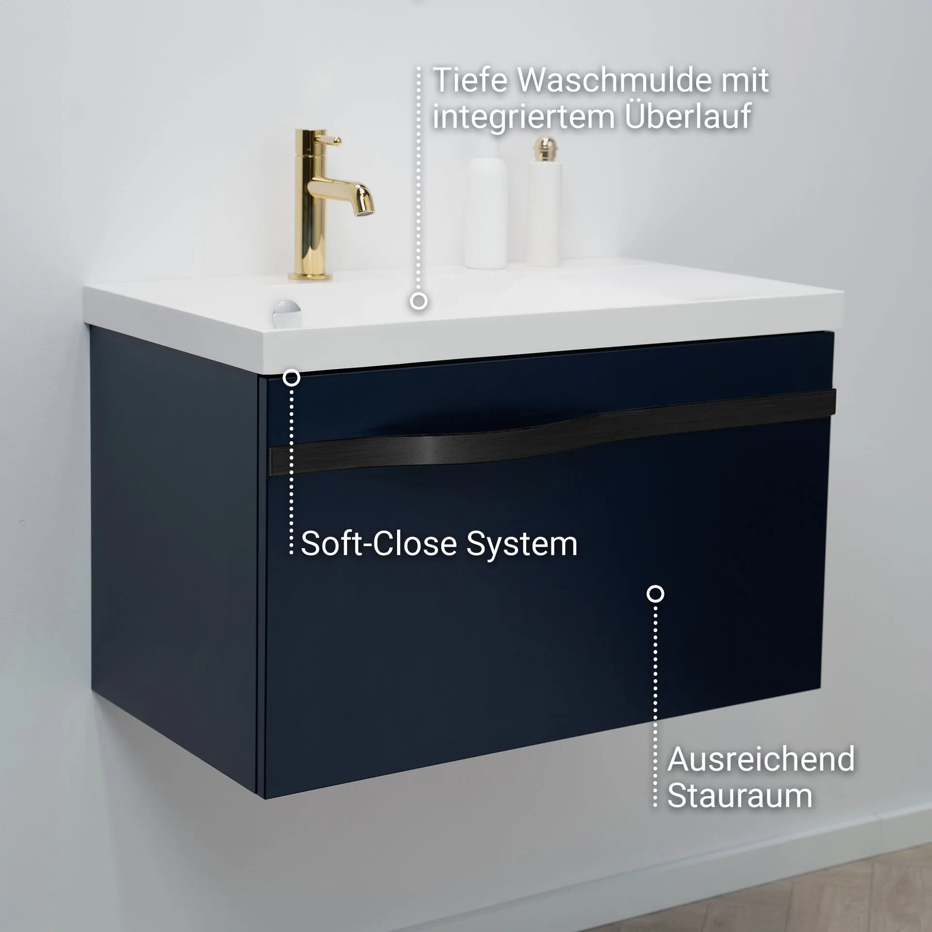 BADEDU FILS Waschbecken mit Unterschrank 69 cm breit, Blau, Waschbecken Gussmarmor Weiß, Griff Schwarz