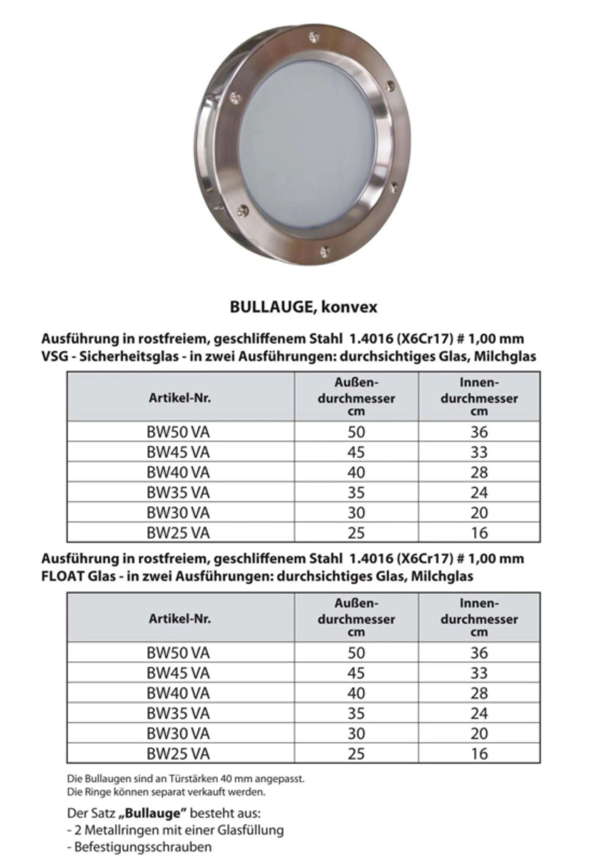 Bullauge ø 400 mm Milchglas Edelstahl BW40 für Türblatt 40 mm