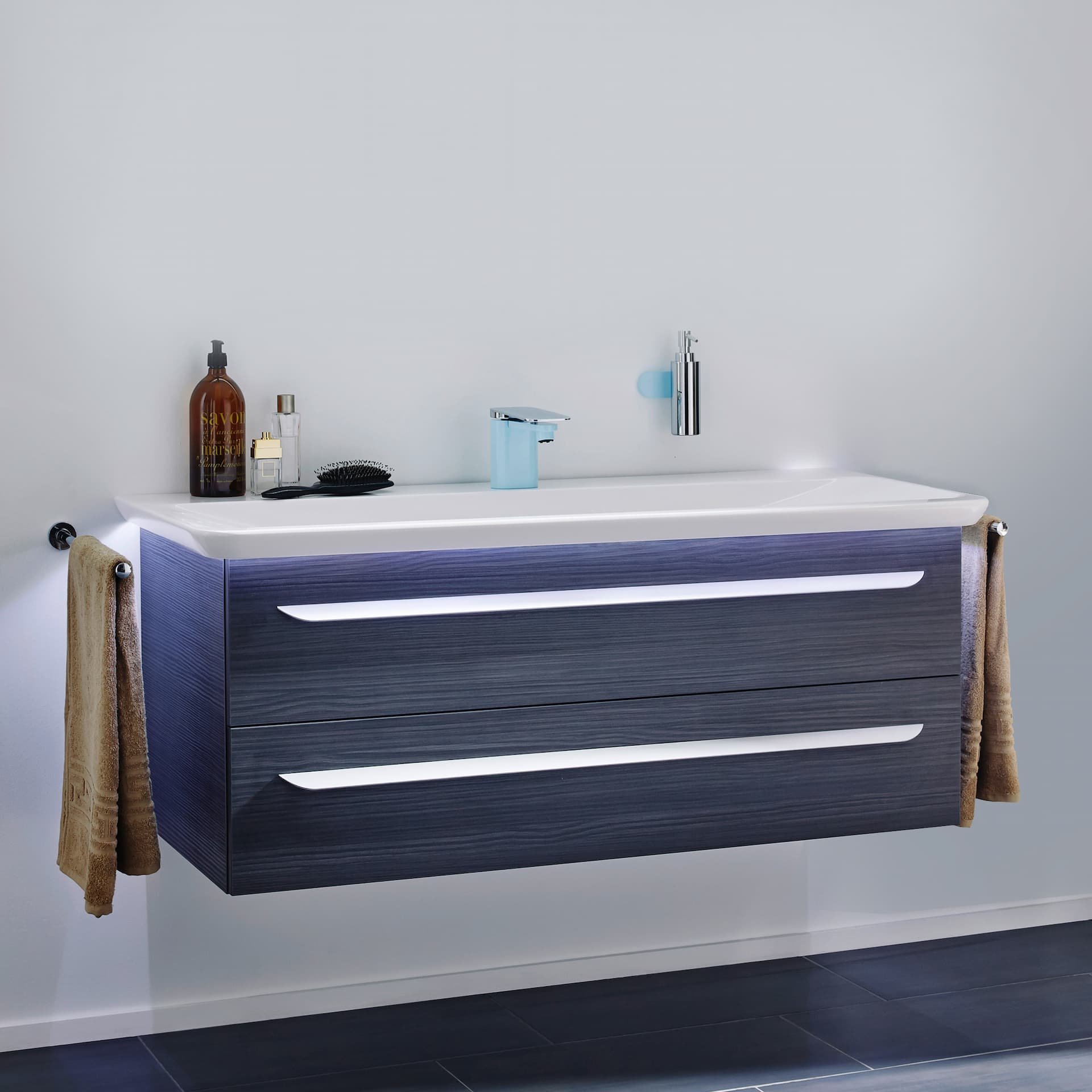 Lanzet M9 Waschbecken mit Unterschrank 130 cm breit, Schwarz, mit Waschbeckenbeleuchtung