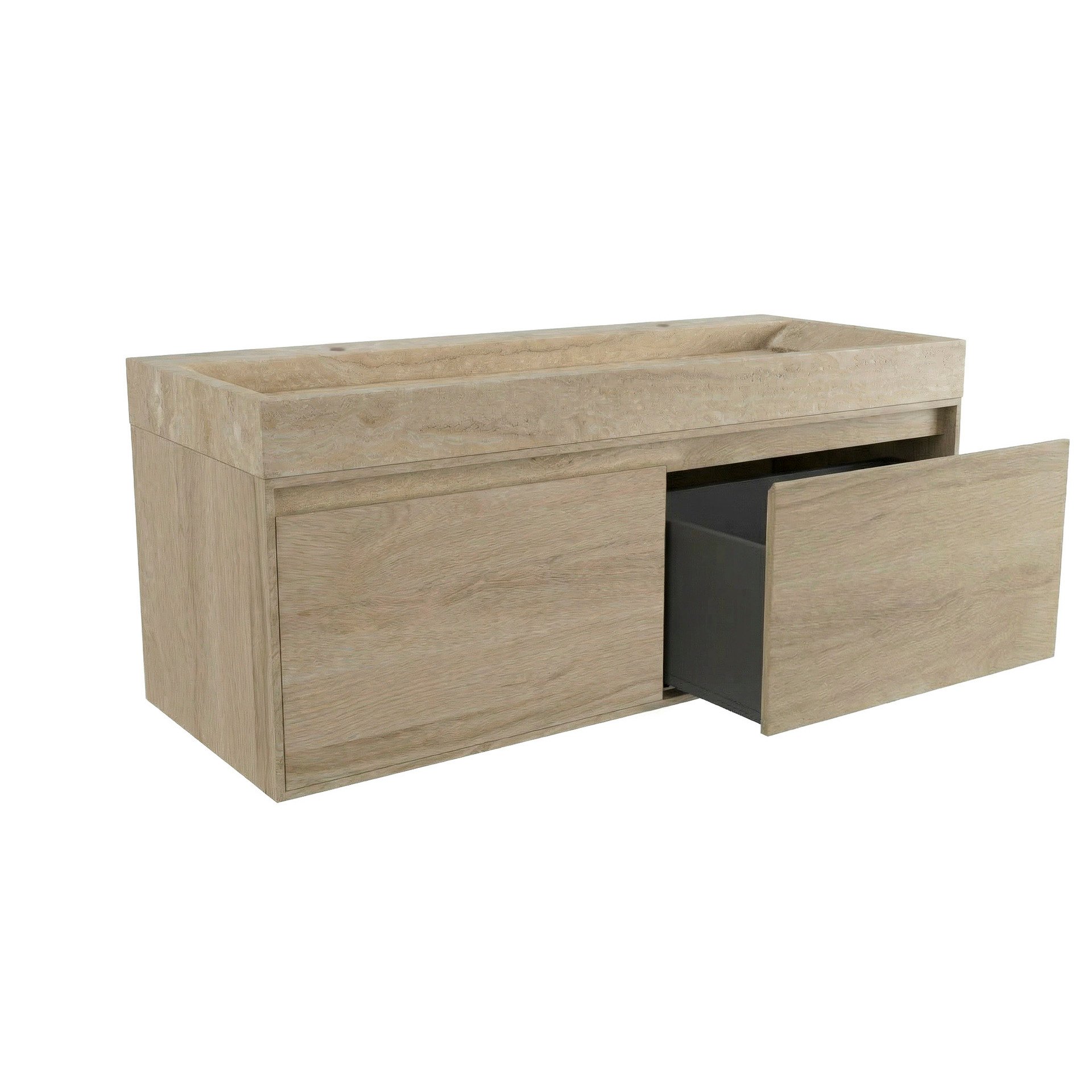 FORZALAQUA IBIZA BELLEZZA Waschbecken mit Unterschrank 120 cm breit , Braun hell, Natursteinwaschbecken Travertin matt mit zwei Hahnlöchern, 2 Schubladen