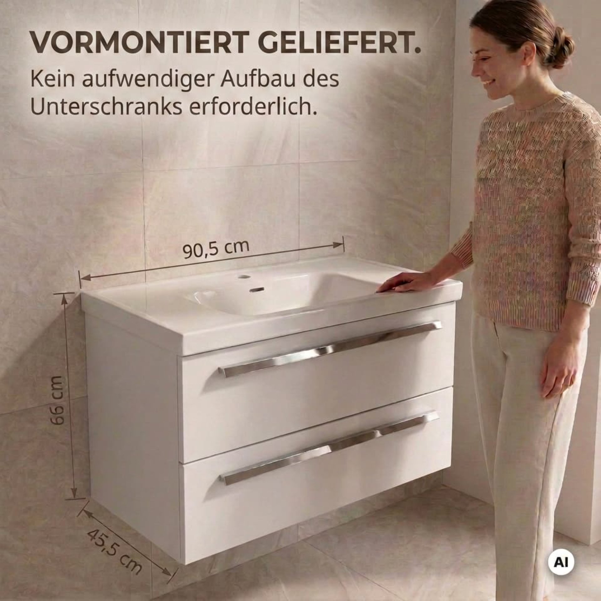 BADEDU TESSANO Waschbecken mit Unterschrank 90 cm breit, Weiß, Waschbecken Keramik Weiß