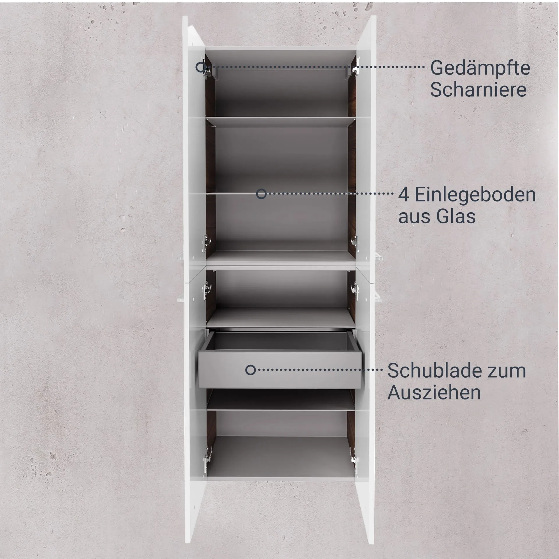 FACKELMANN VERONA Doppel Hochschrank 60 cm breit, Weiß Hochglanz/Braun Dunkel, mit Schublade
