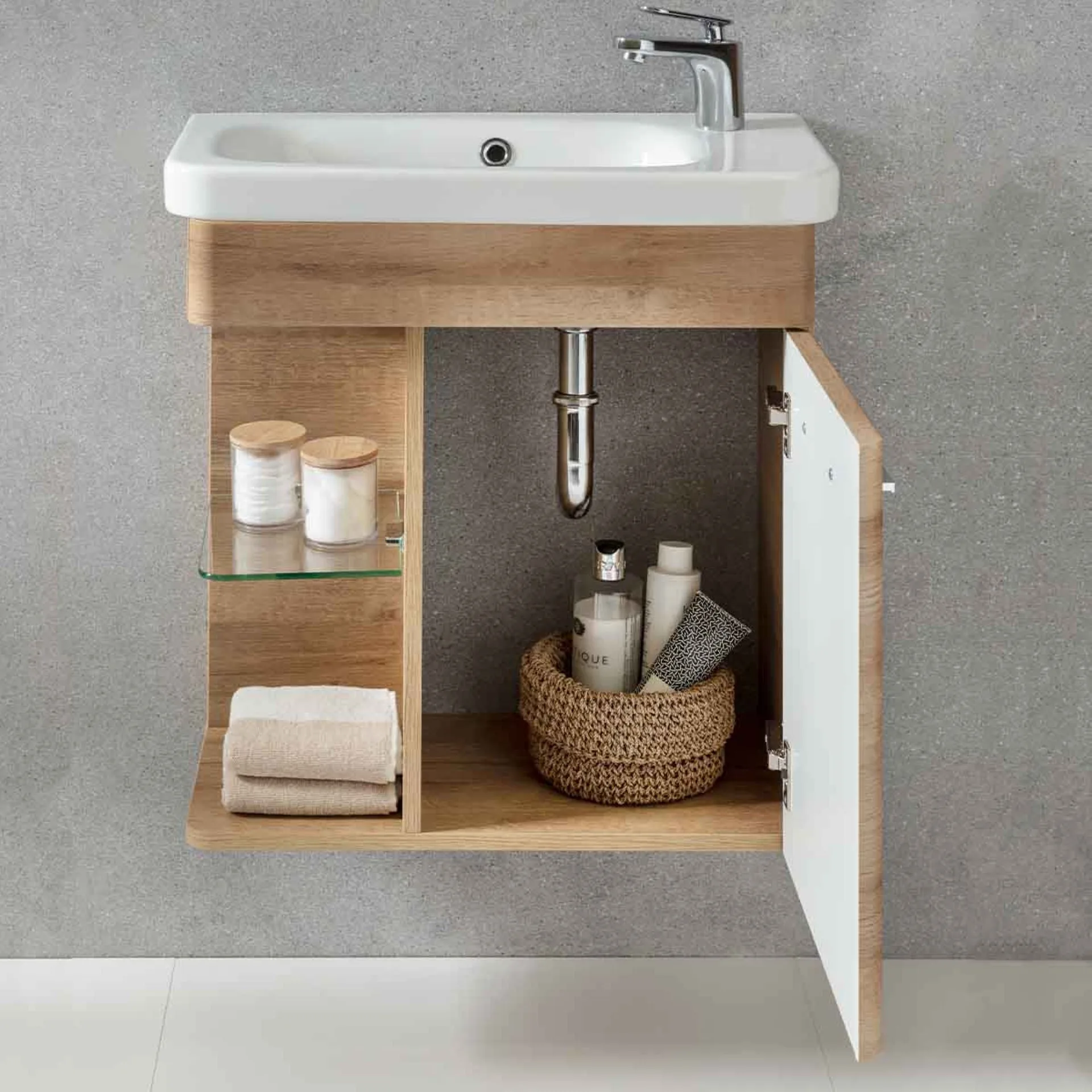 LANZET K8 Gäste WC Waschtisch Set 60 cm breit, Braun hell, Waschbecken Keramik Weiß, Türanschlag rechts