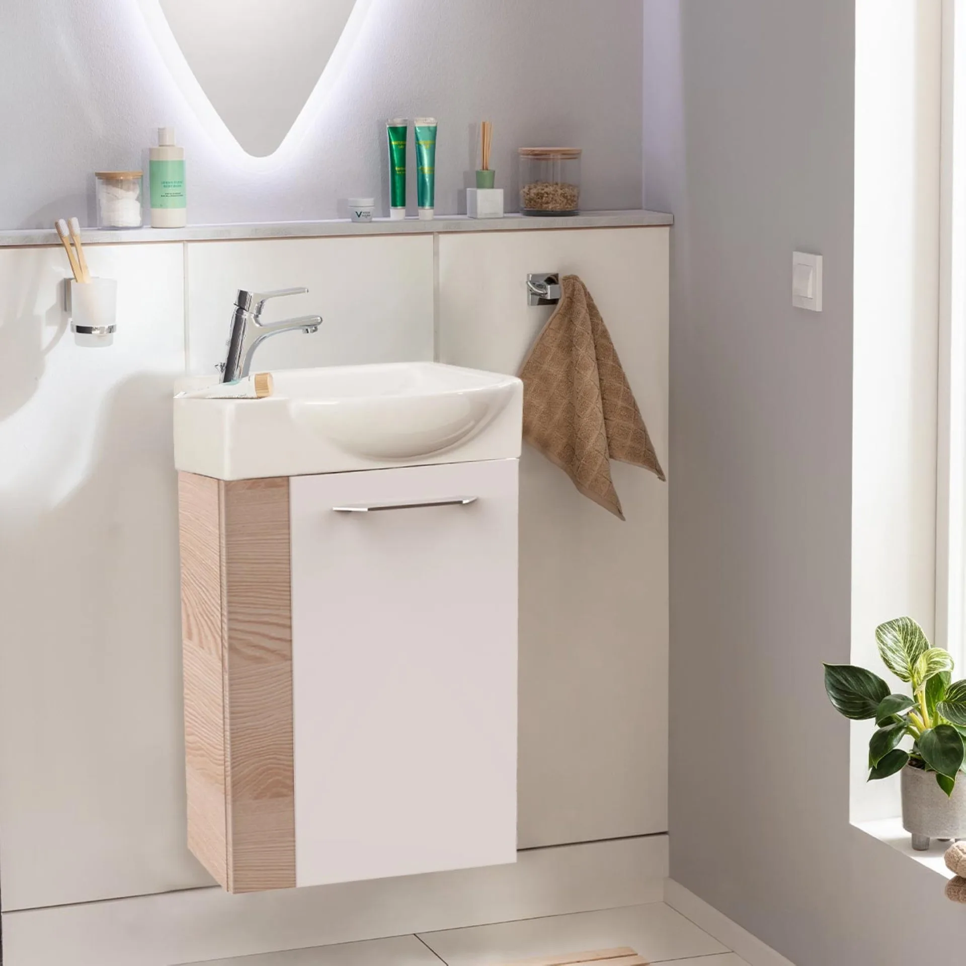 FACKELMANN SBC B.CLEVER Gäste WC Waschtisch Set 45 cm breit, Weiß/Braun hell, Waschbecken Keramik Weiß, Türanschlag rechts