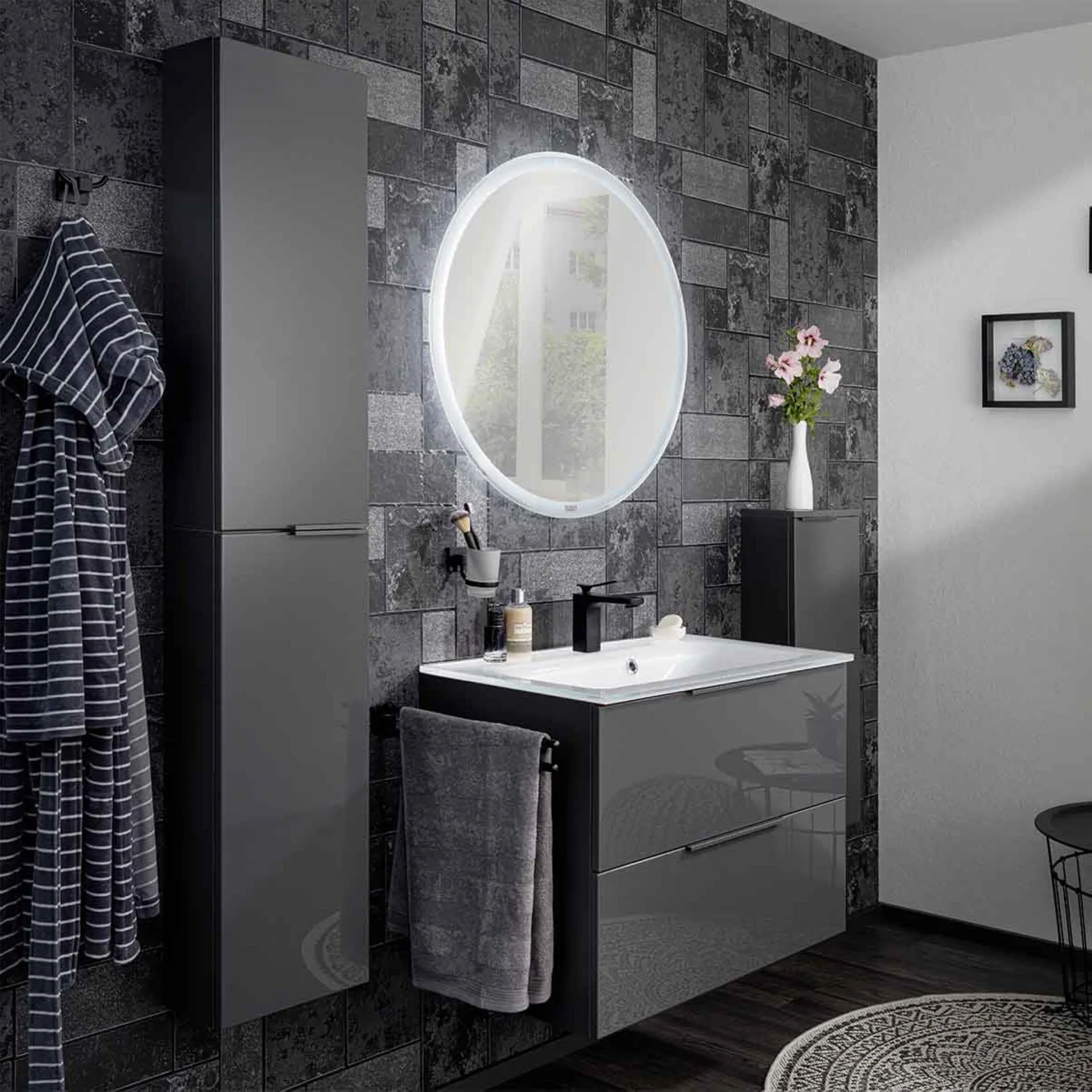 FACKELMANN LUNA Waschbecken mit Unterschrank 80 cm breit, Anthrazit, Waschbecken Glas Weiß