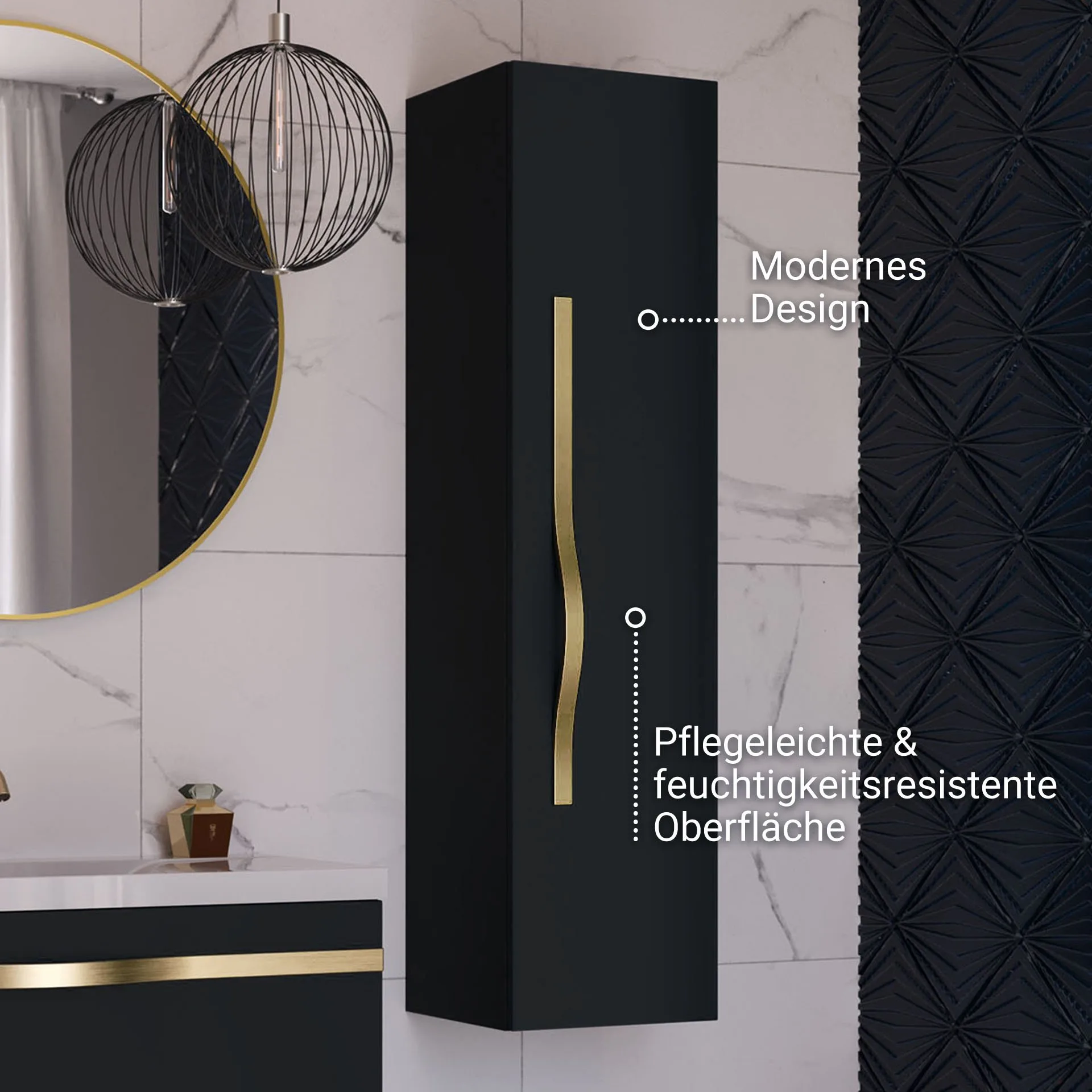 BADEDU FILS Hochschrank 33 cm breit, Schwarz, Griff Gold