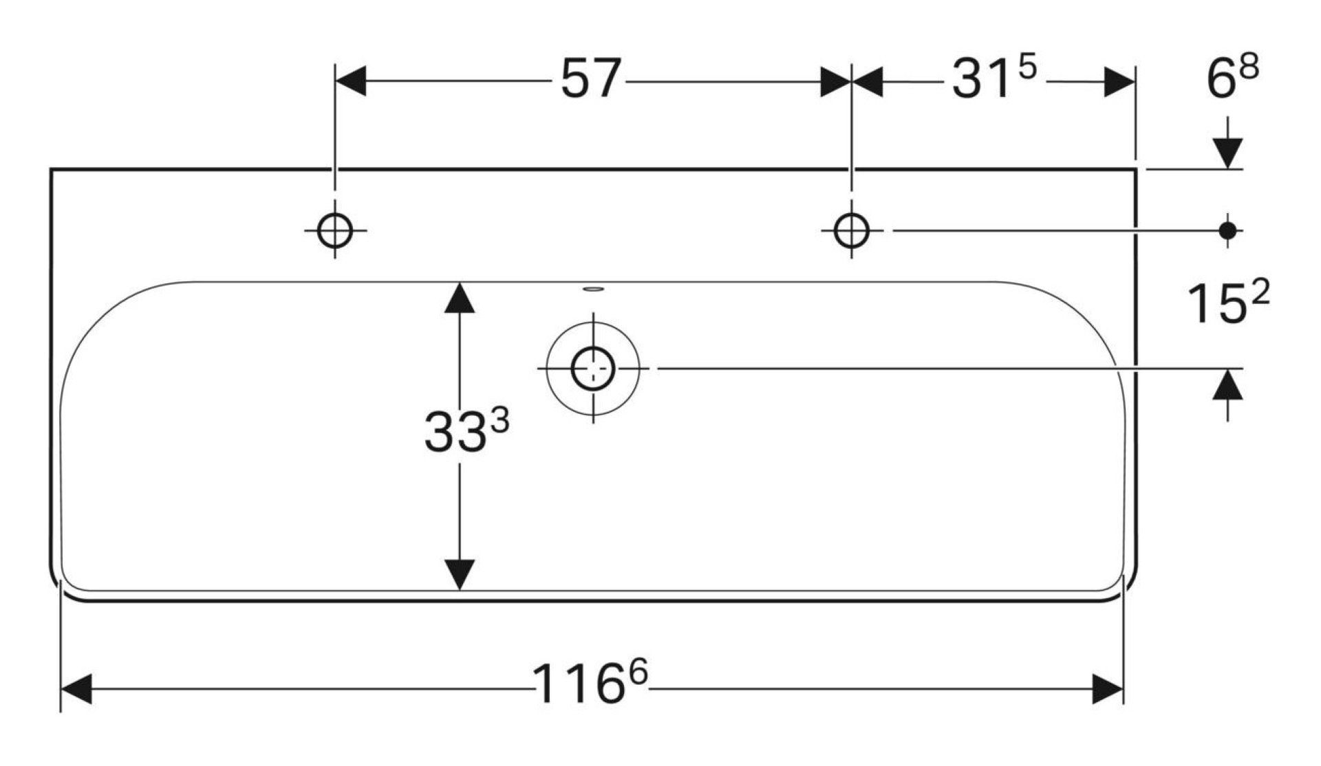 GEBERIT SMYLE SQUARE Doppel-Waschbecken Keramik 120 cm breit, Weiß, zwei Hahnlöcher, KeraTect
