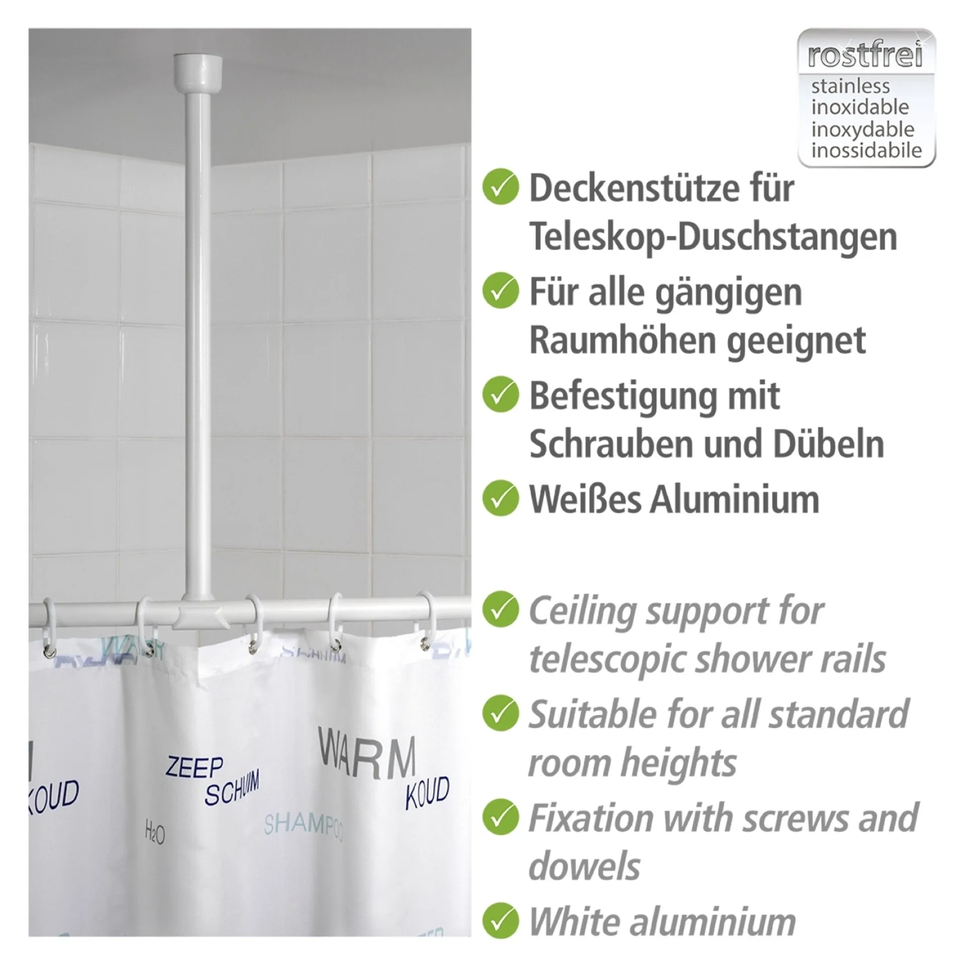 WENKO Deckenstütze für Duschstange 57 cm, Weiß, Aluminium