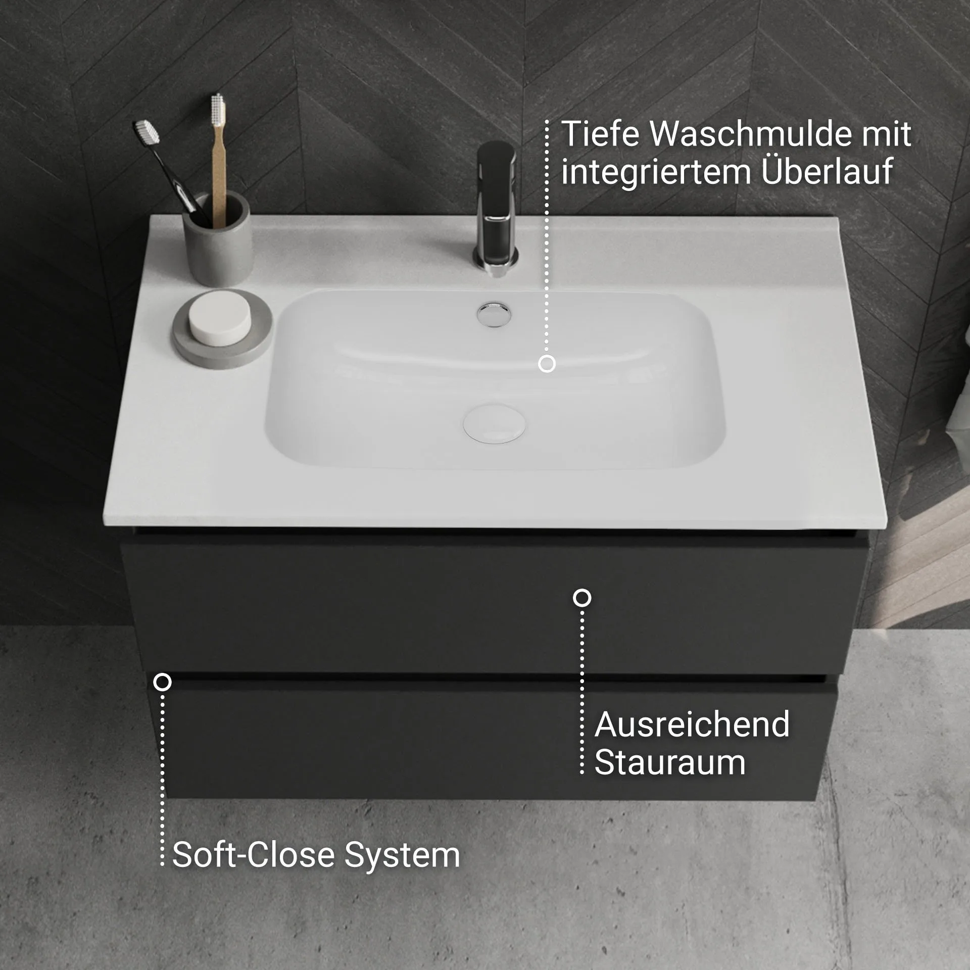 BADEDU GERS Waschbecken mit Unterschrank 80 cm breit, Grau, Waschbecken Keramik Weiß