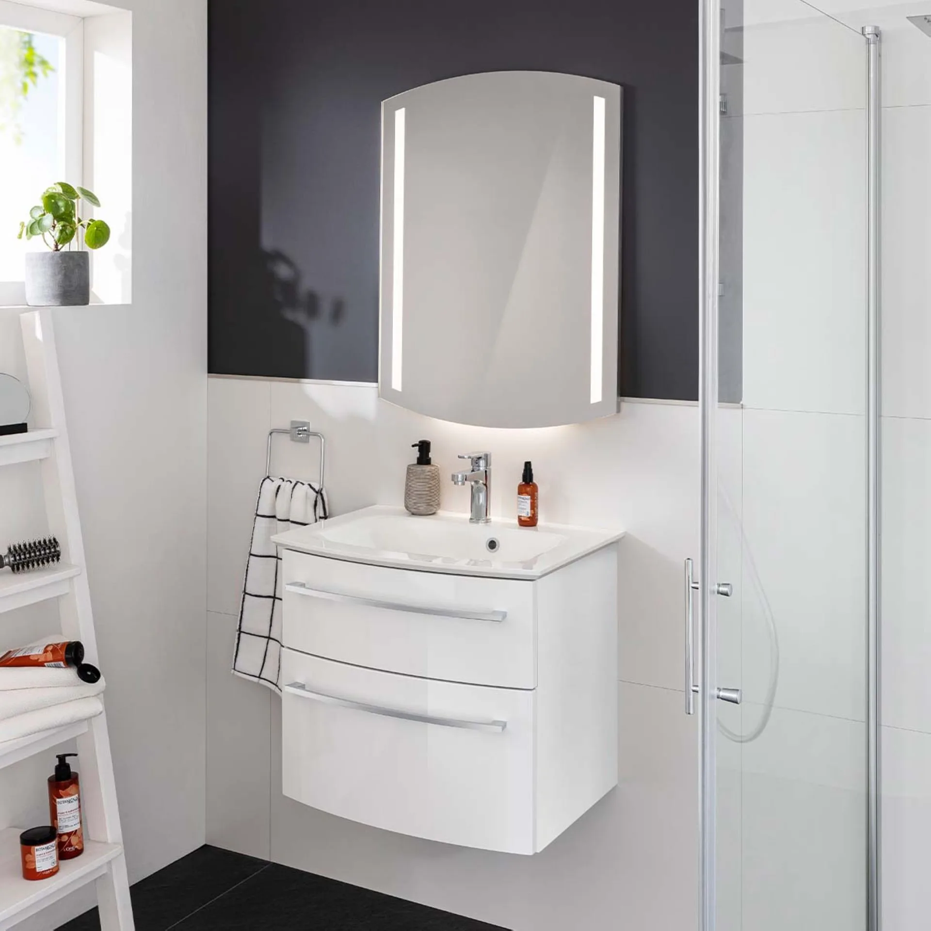 FACKELMANN B.STYLE Waschbecken mit Unterschrank 63 cm breit, Weiß, Waschbecken Gussmarmor Weiß