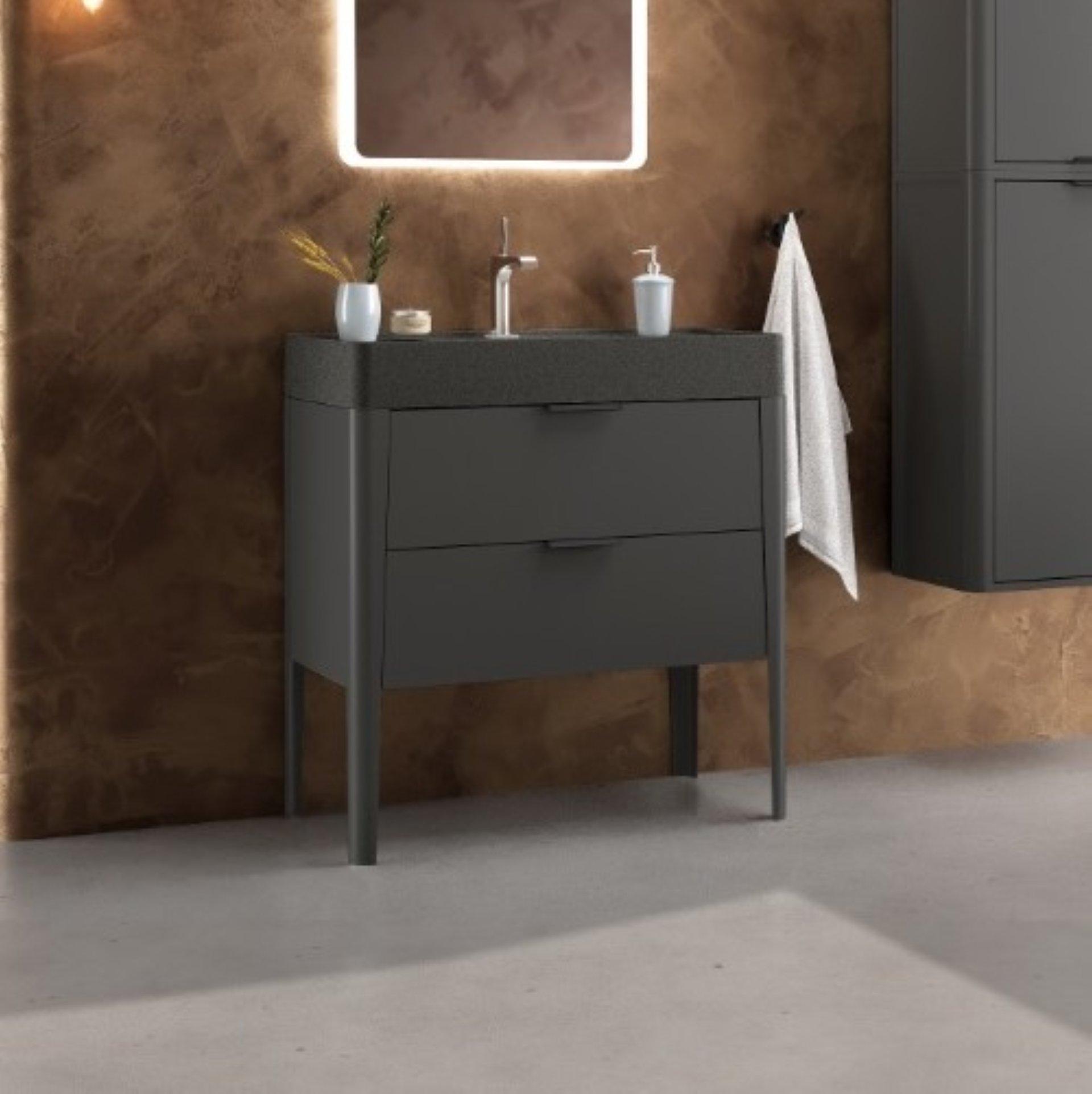 BADEDU SORA Waschbecken mit Unterschrank 80 cm breit, Schwarz matt, Waschbecken Quarzkomposit Schwarz, aus Aluminium, mit Füßen