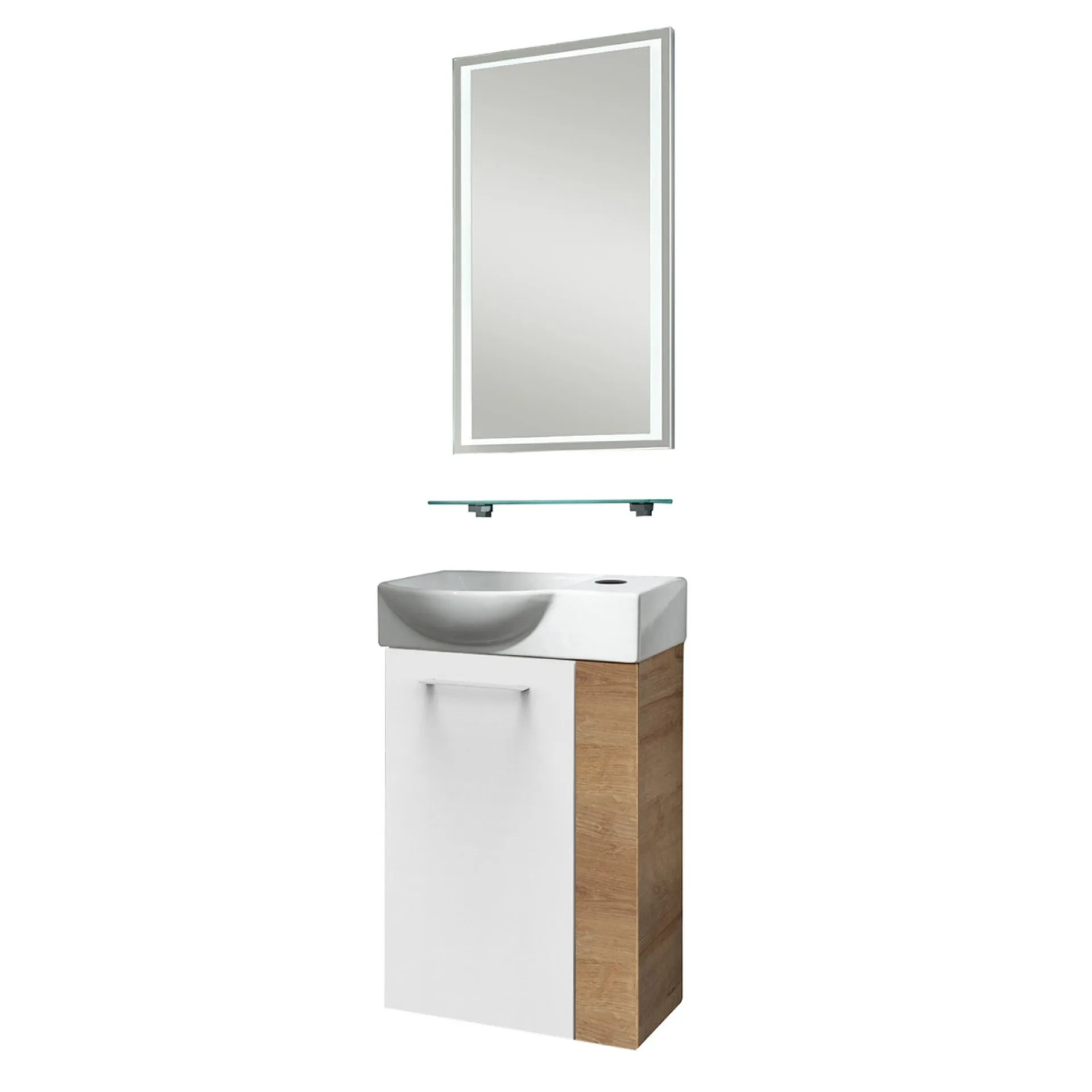 FACKELMANN SBC MILANO Gäste WC Waschtisch Set mit Spiegel 45 cm breit, Weiß/Braun hell, Waschbecken Keramik Weiß, Türanschlag links + Glasablage