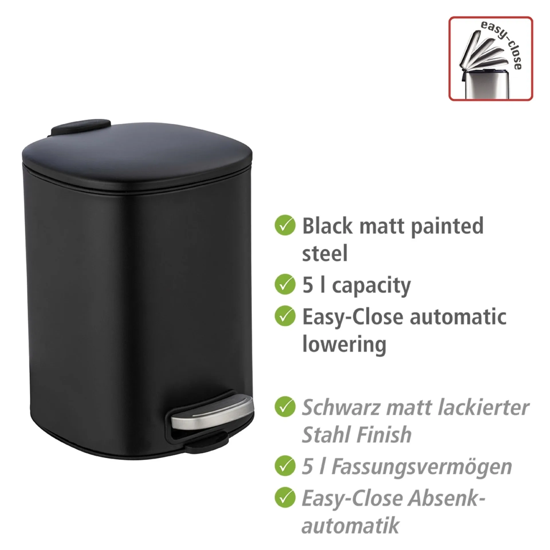 WENKO ALASSIO Kosmetikeimer 5 Liter, Schwarz, Edelstahl, mit Absenkautomatik
