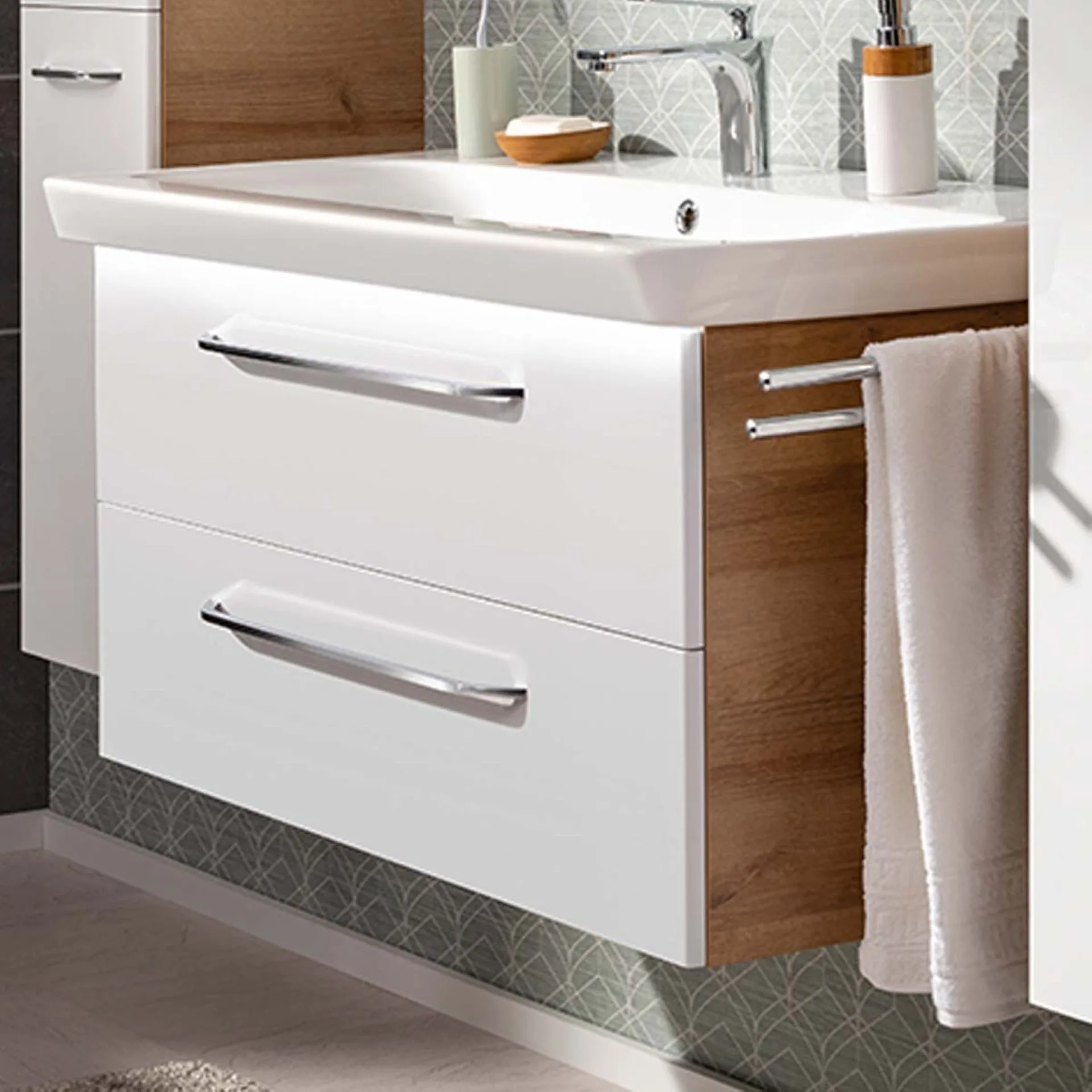 FACKELMANN MILANO Waschbecken mit Unterschrank 88 cm breit, Weiß/Braun hell, Waschbecken Keramik Weiß + Waschbeckenbeleuchtung