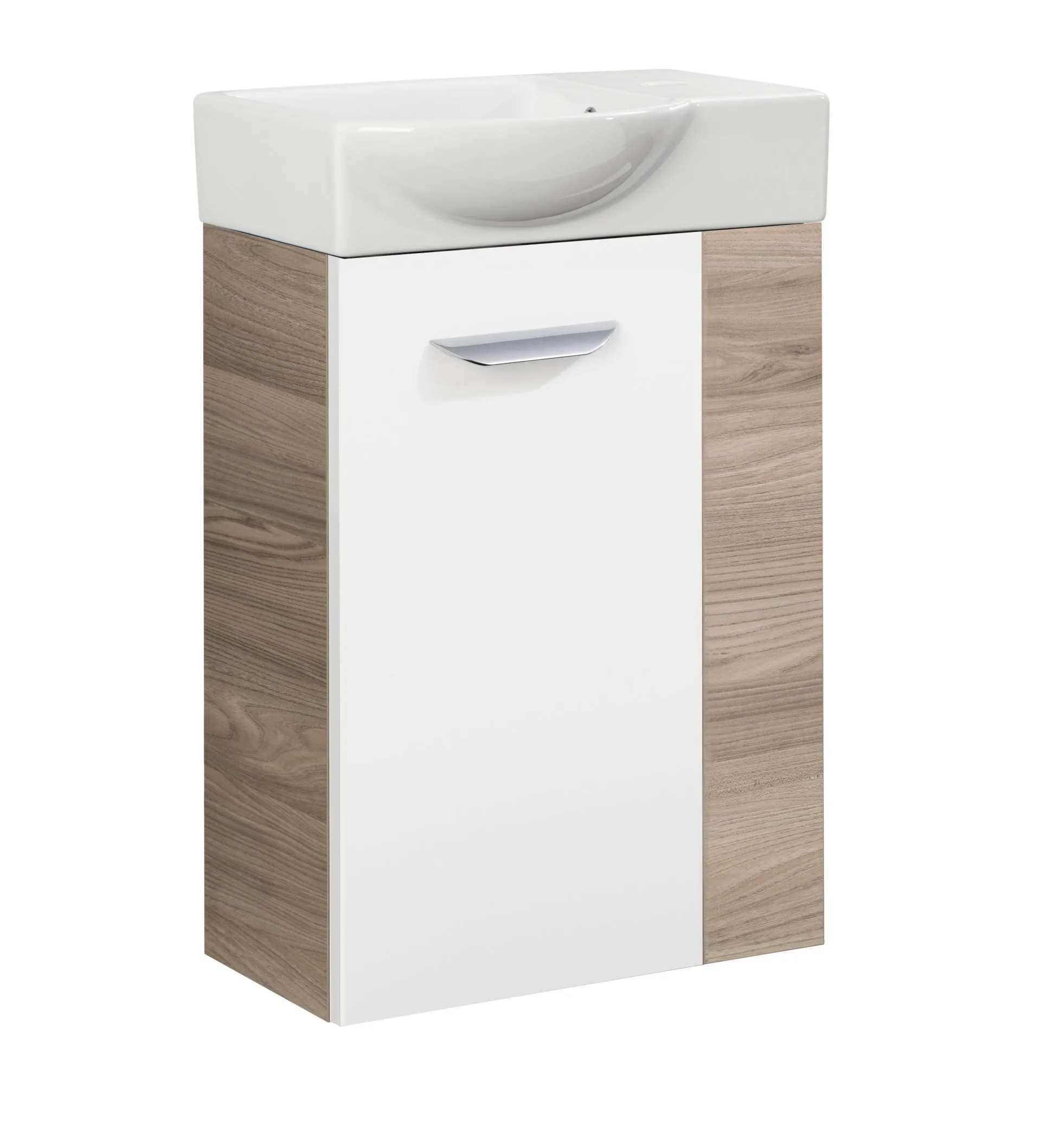 FACKELMANN SBC LUXOR Gäste WC Waschtisch Set 45 cm breit, Weiß/Braun hell, Waschbecken Keramik Weiß, Türanschlag links