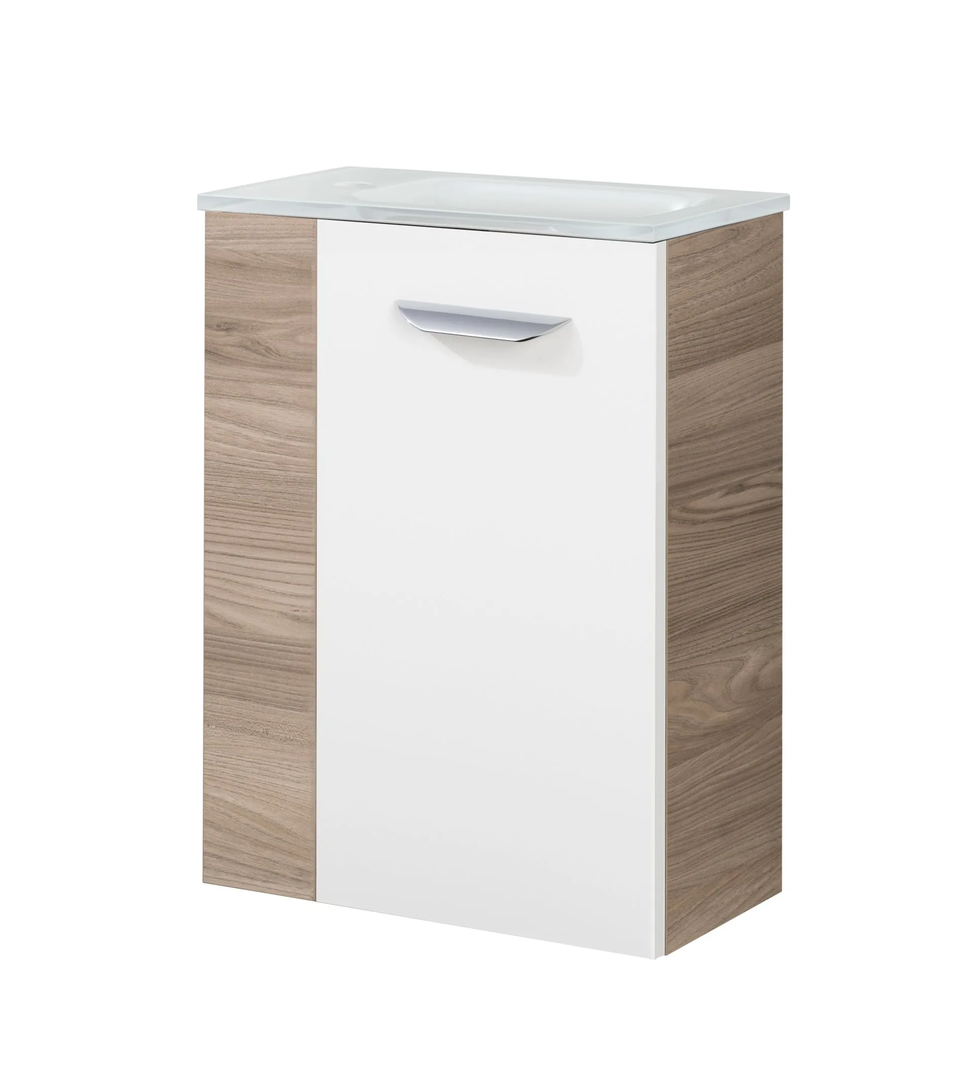 FACKELMANN SBC LUXOR Gäste WC Waschtisch Set 45 cm breit, Weiß/Braun hell, Waschbecken Glas Weiß, Türanschlag rechts