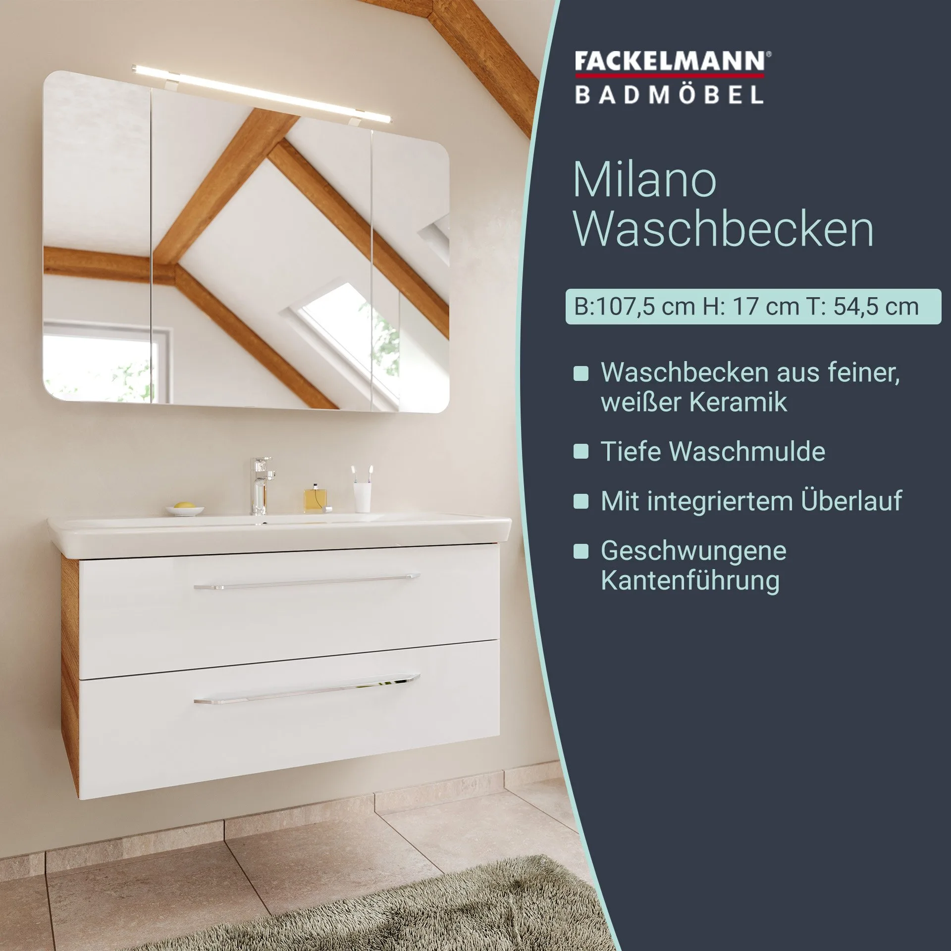 FACKELMANN MILANO Waschbecken 107 cm breit, Weiß, Keramik