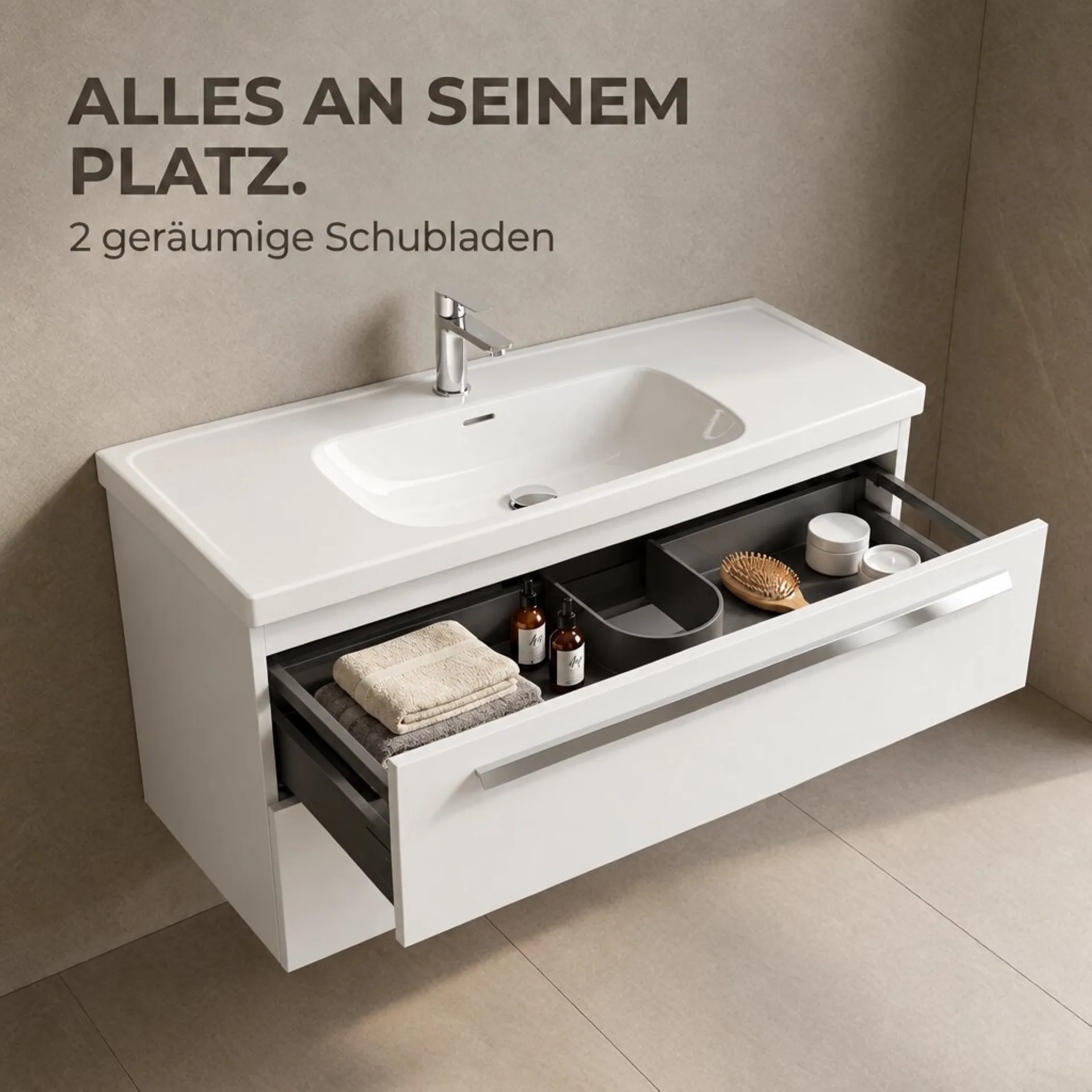 BADEDU TESSANO Waschbecken mit Unterschrank 120 cm breit, Weiß, Waschbecken Keramik Weiß