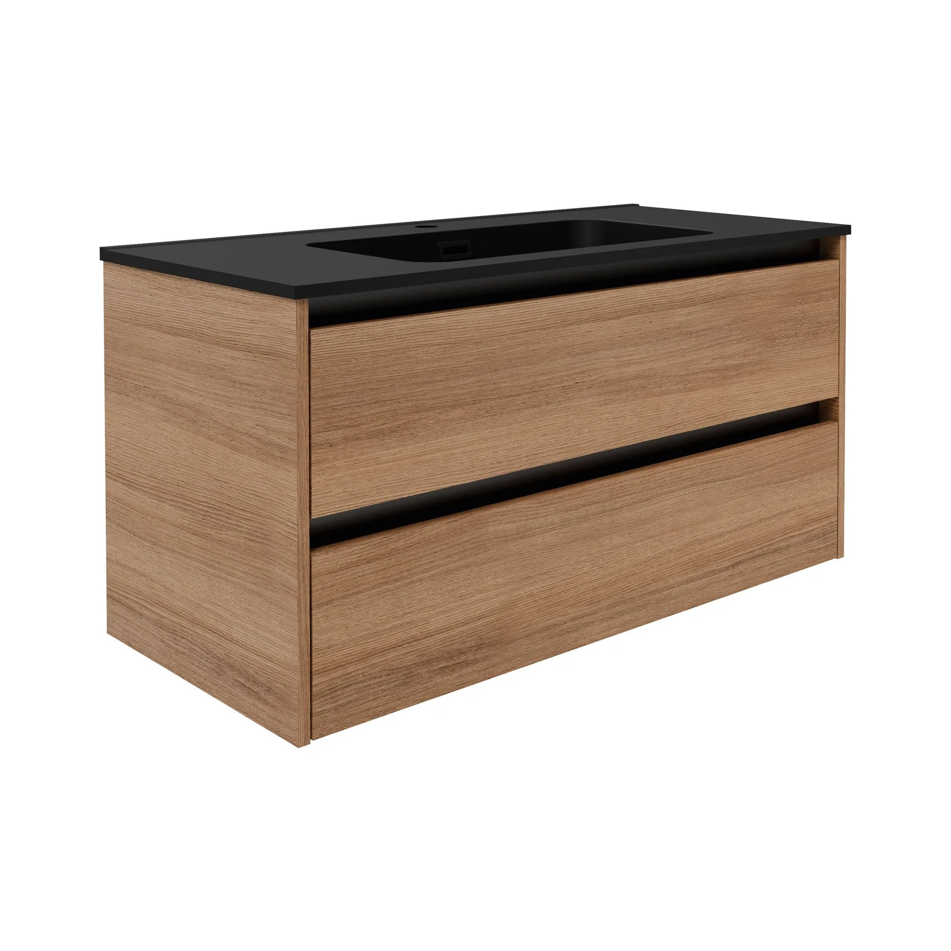 FACKELMANN VITA Waschbecken mit Unterschrank 101 cm breit, Braun hell, Waschbecken Gussmarmor Schwarz matt