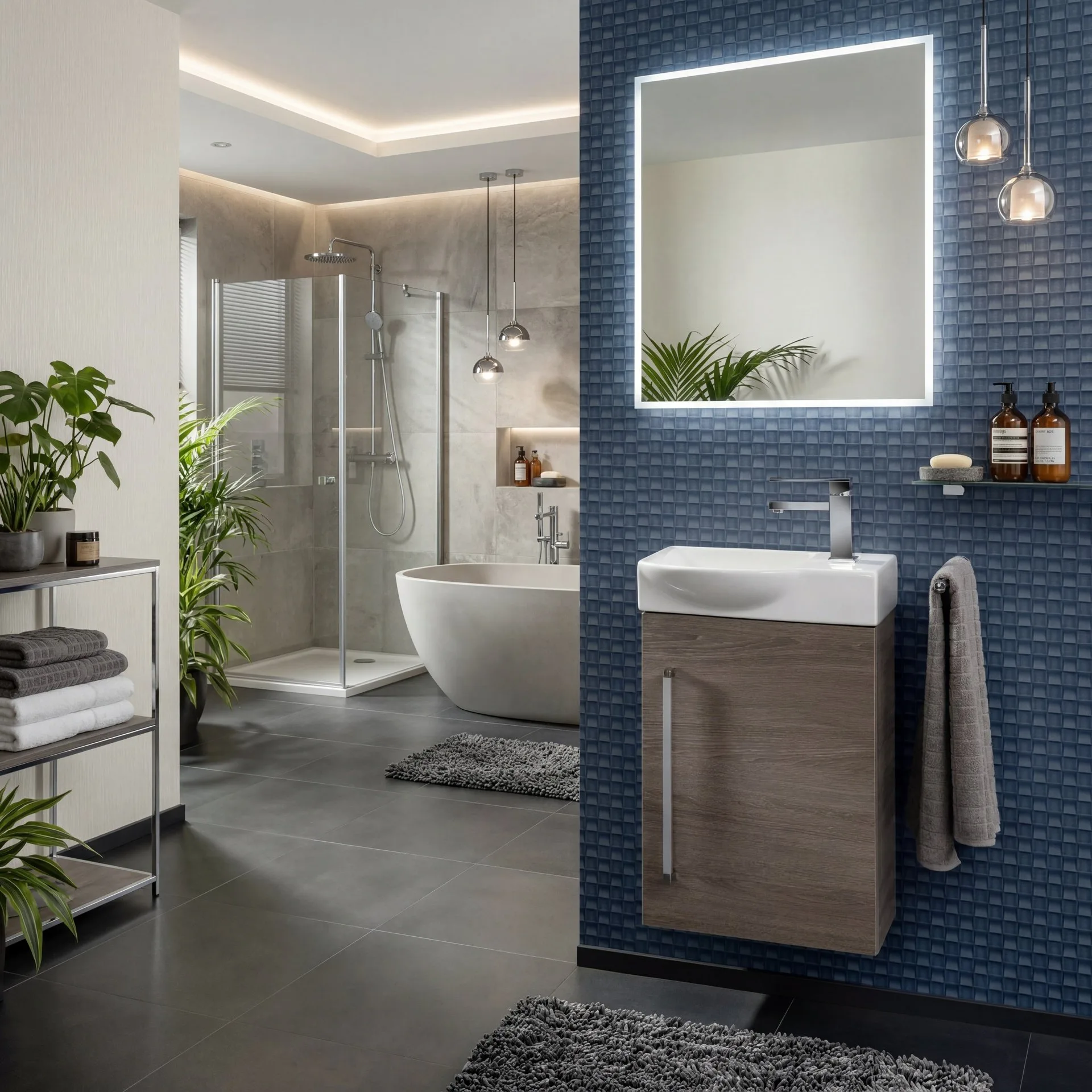 LANZET K3 Gäste WC Waschtisch Set 45 cm breit, Braun dunkel, Waschbecken Keramik Weiß, Türanschlag rechts