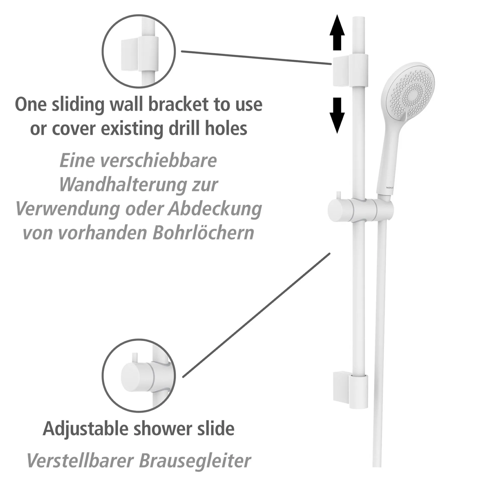WENKO Stangenbrause Set 70 cm, Weiß, mit Wassersparsystem, 3 verschiedene Wasserstrahlarten, Edelstahl