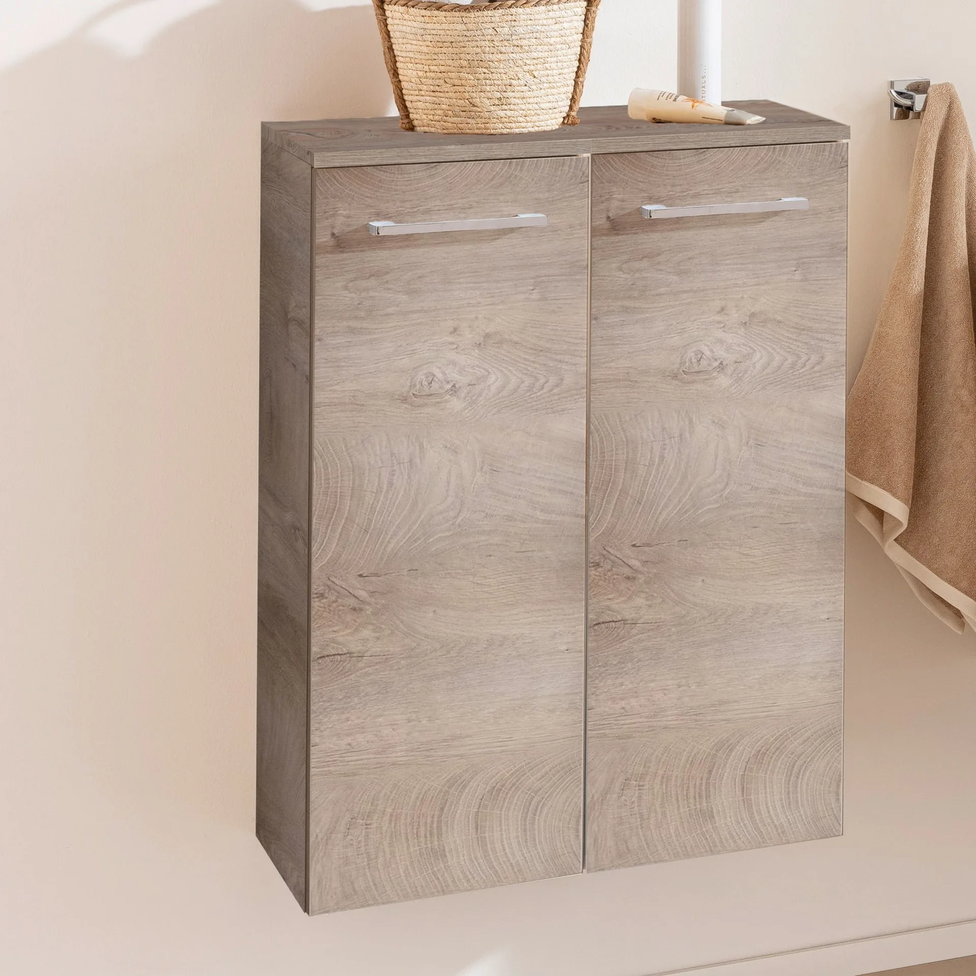 FACKELMANN B.STYLE Doppel Midischrank 60 cm, Braun hell, mit Wäschekorb