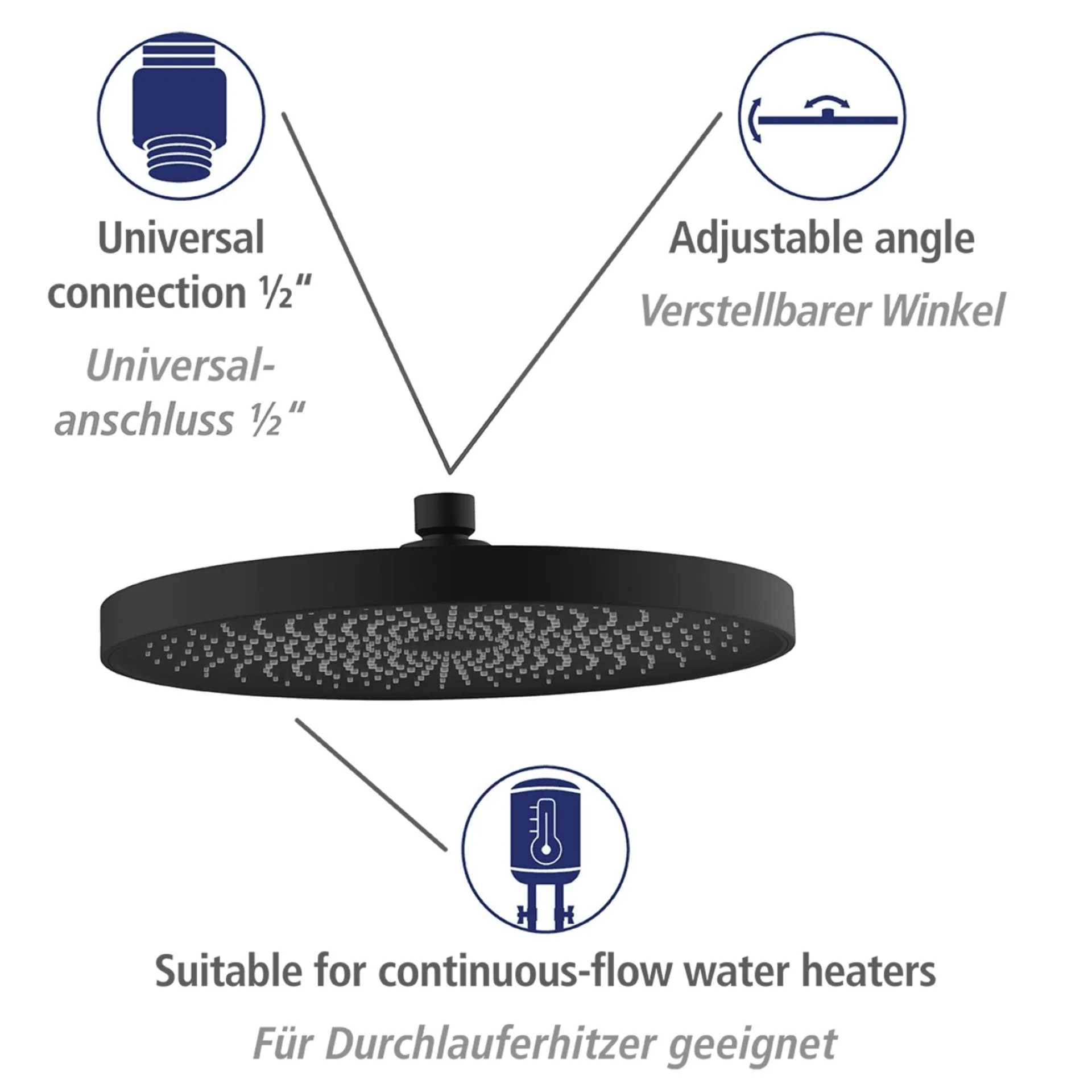 WENKO SOFTWATER Duschkopf Regendusche Ø 26 cm, Schwarz matt, 3 verschiedene Wasserstrahlarten