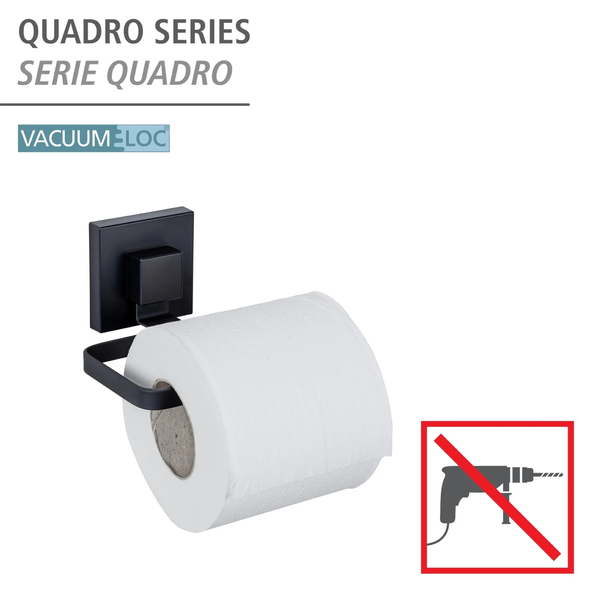 WENKO QUADRO Toilettenpapierhalter, Schwarz, Befestigen ohne Bohren