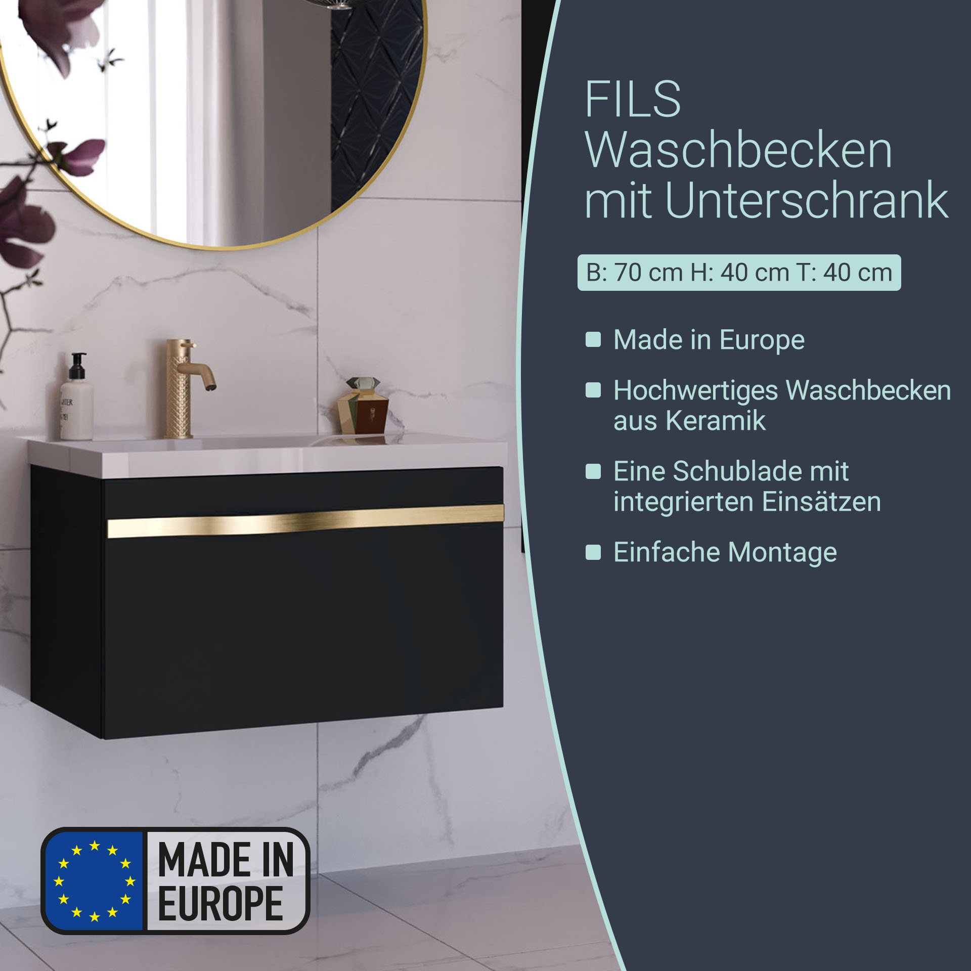 BADEDU FILS Waschbecken mit Unterschrank 69 cm breit, Schwarz, Waschbecken Gussmarmor Weiß, Griff Gold