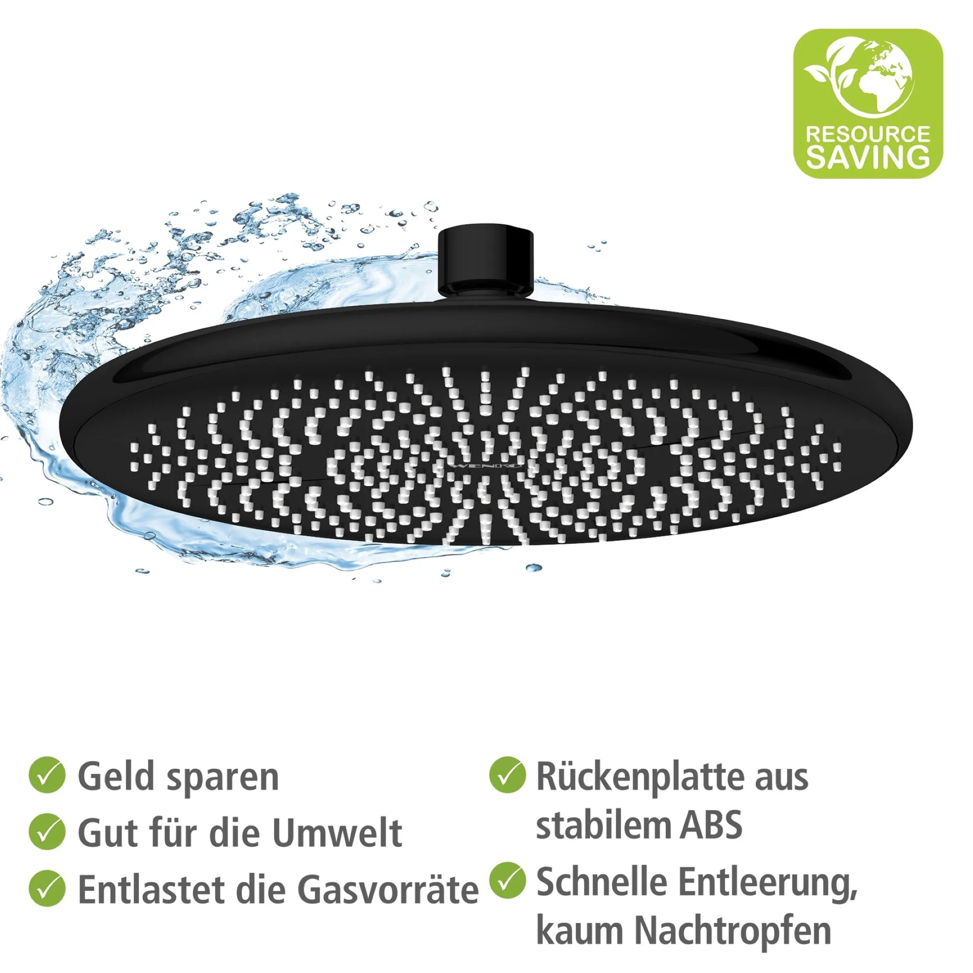 WENKO Duschkopf Regendusche Ø 22,5 cm, Schwarz, mit Wassersparsystem, 3 verschiedene Wasserstrahlarten