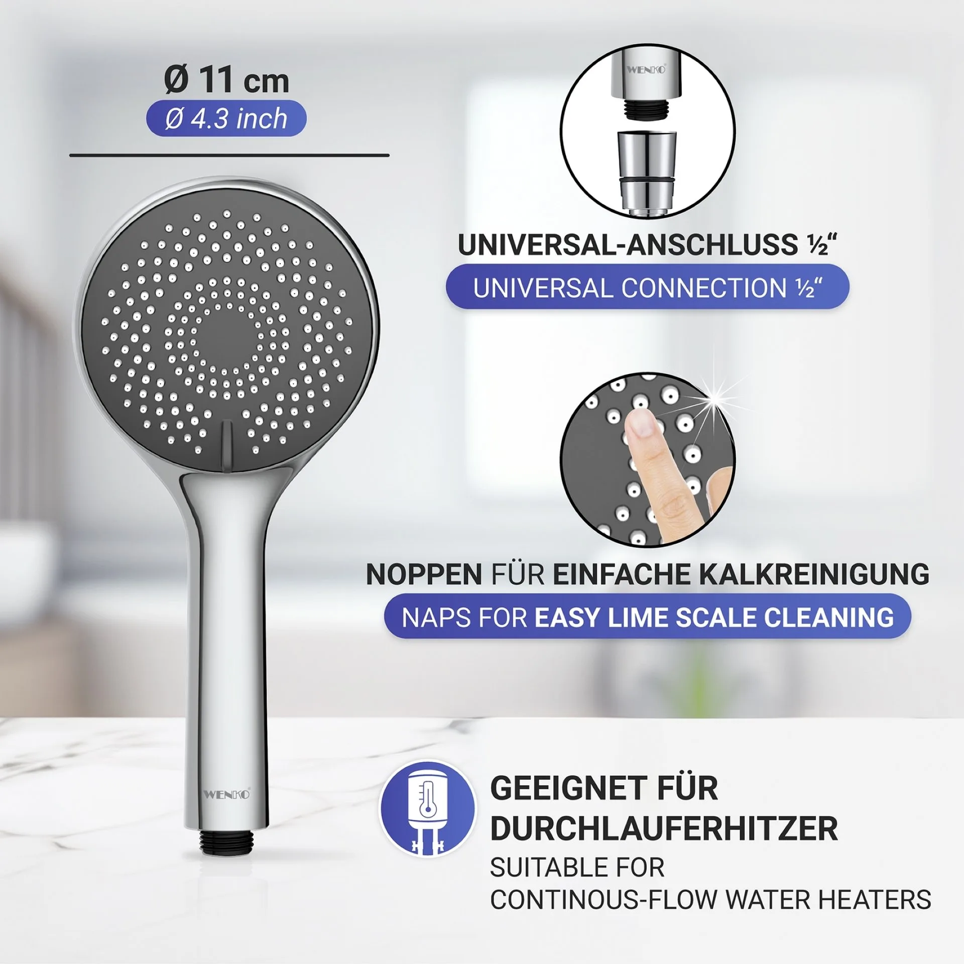 WENKO Duschkopf Ø 11 cm, Chrom/Grau, mit Wassersparsystem, 3 verschiedene Wasserstrahlarten