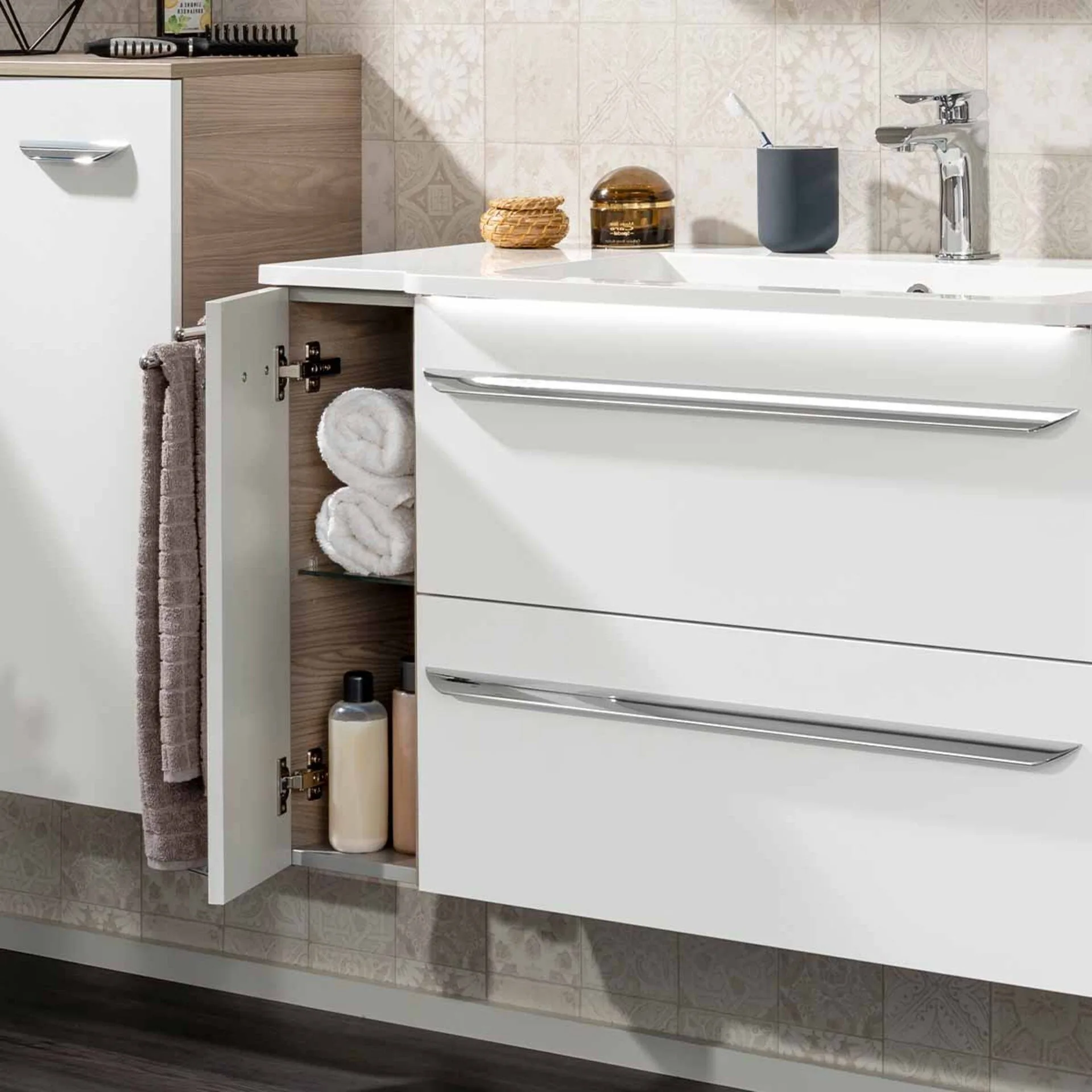 FACKELMANN LUXOR Waschbecken mit Unterschrank 100 cm breit, Weiß/Braun hell, Waschbecken Gussmarmor Weiß + Unterschrank Türanschlag rechts