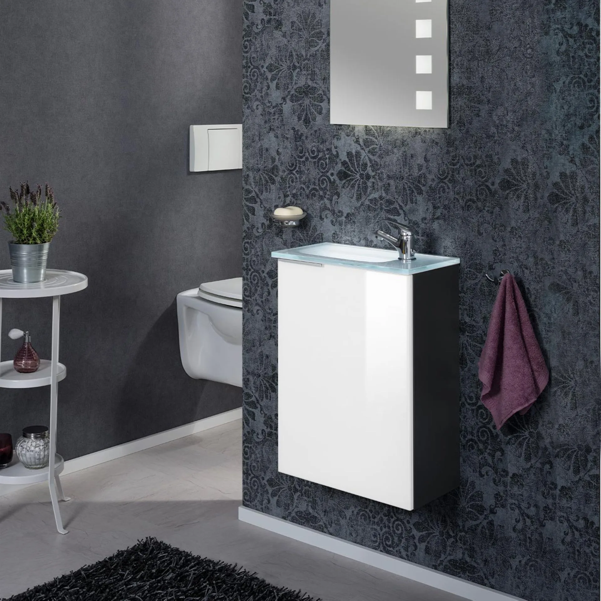 FACKELMANN SBC KARA Gäste WC Waschtisch Set 45 cm breit, Weiß/Anthrazit, Waschbecken Glas Weiß, Türanschlag rechts + Waschbeckenbeleuchtung
