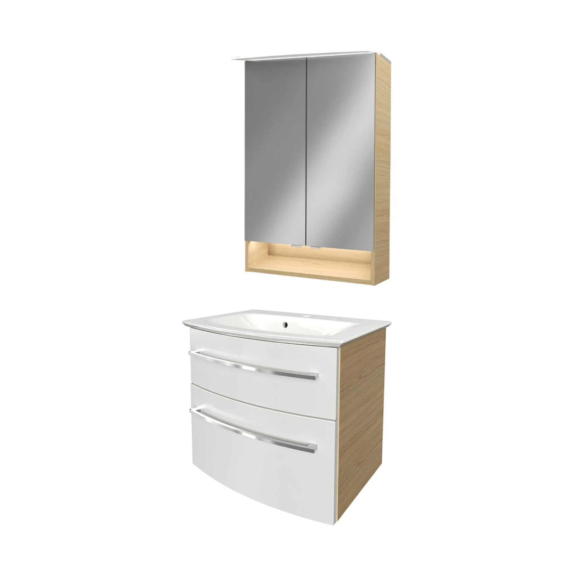 FACKELMANN B.STYLE Waschtisch Set mit Spiegelschrank 60 cm breit, Weiß/Braun, Waschbecken Gussmarmor Weiß