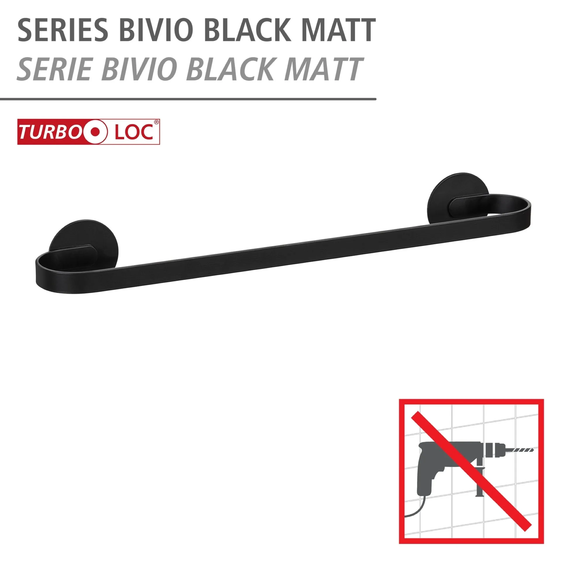 WENKO BIVIO Handtuchhalter 40 cm, Schwarz Matt, Aluminium, Befestigen ohne Bohren