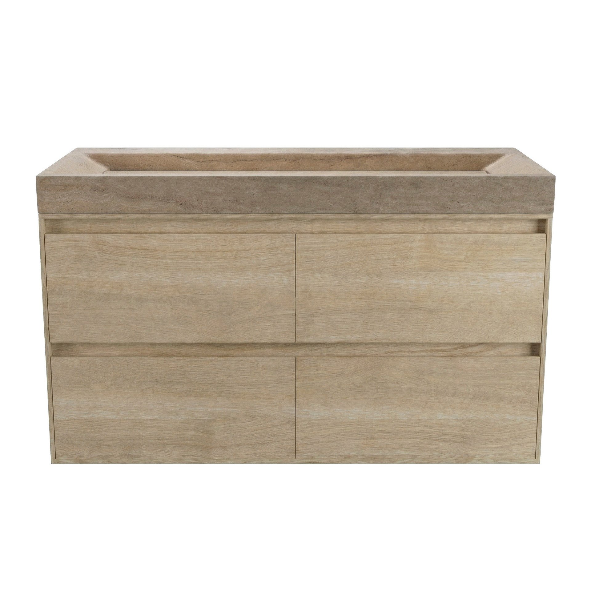 FORZALAQUA IBIZA BELLEZZA Waschbecken mit Unterschrank 120 cm breit, Braun hell, Natursteinwaschbecken Travertin matt ohne Hahnloch, 4 Schubladen