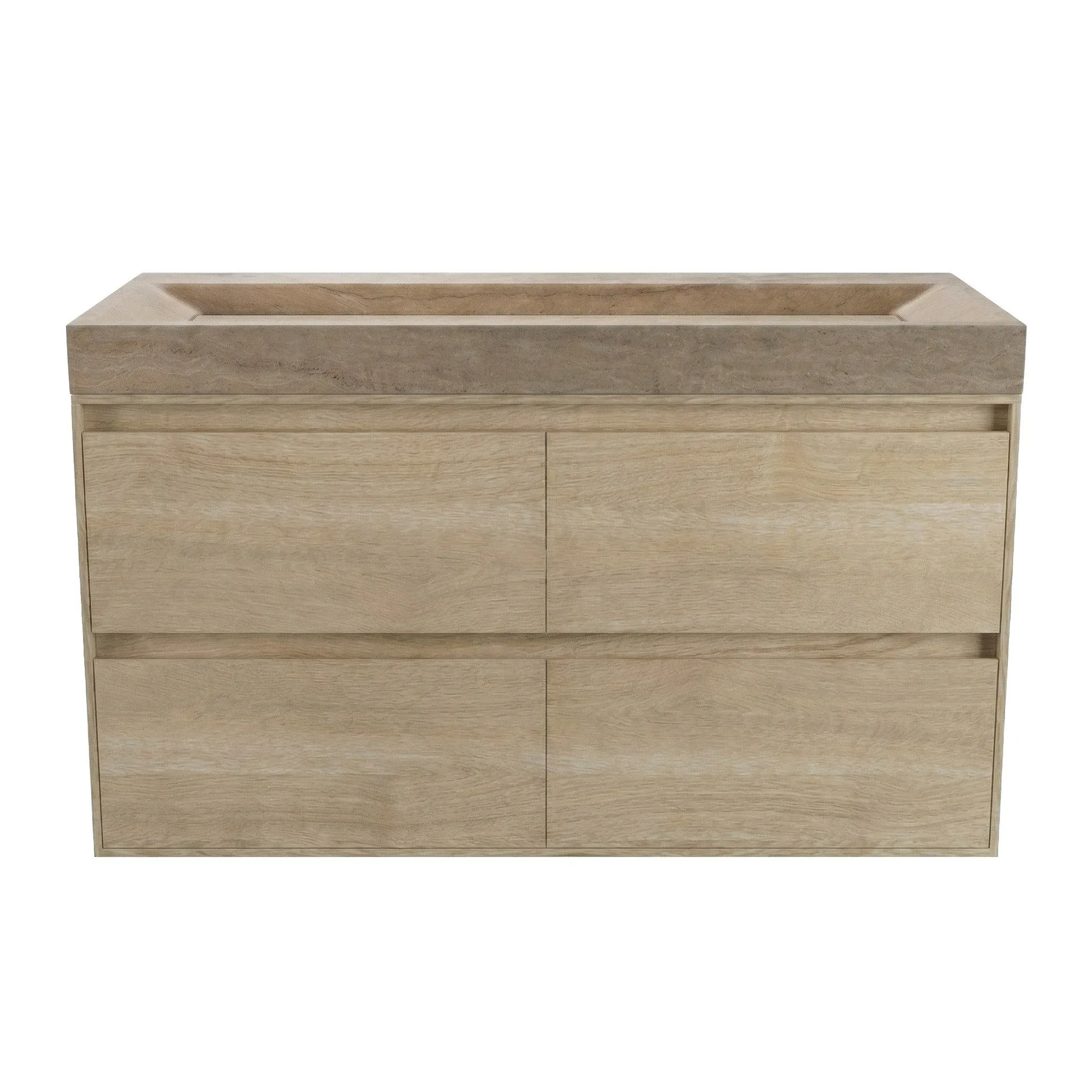 FORZALAQUA IBIZA BELLEZZA Waschbecken mit Unterschrank 120 cm breit, Braun hell, Natursteinwaschbecken Travertin matt ohne Hahnloch, 4 Schubladen