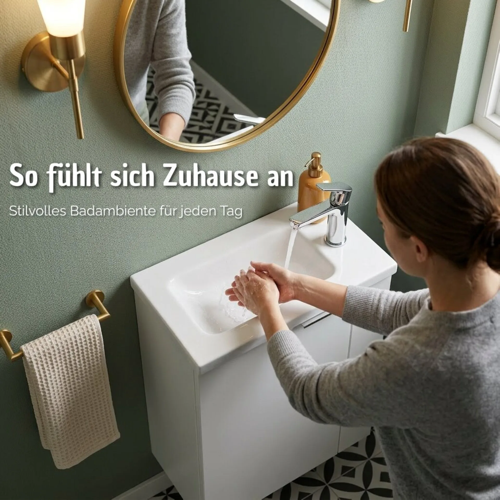 BADEDU UMEA Gäste WC Waschtisch Set 50 cm breit, Weiß, Waschbecken Gussmarmor Weiß