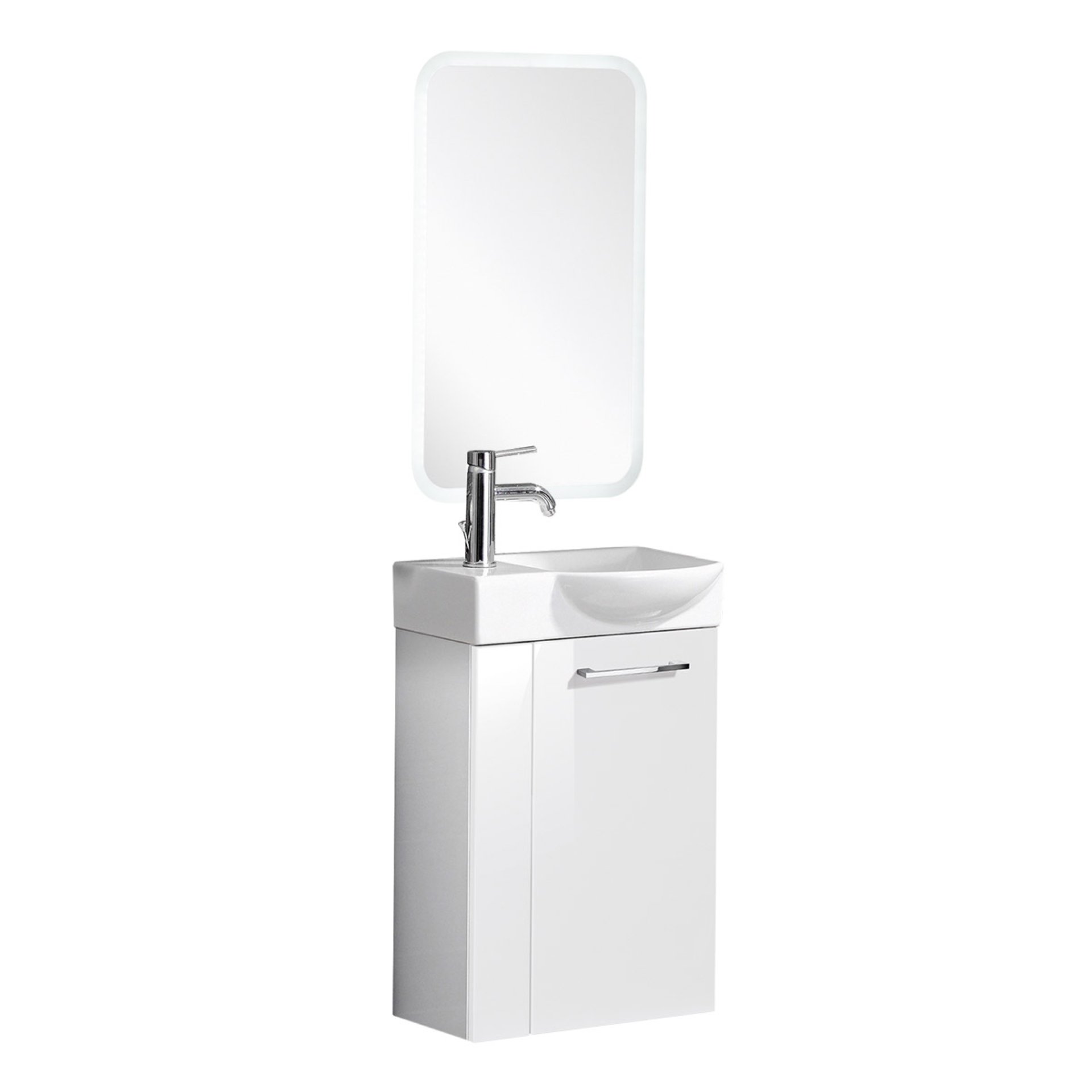 Fackelmann SBC SCENO Gäste WC Set 4-teilig 45 cm, Weiß, rechts, Keramik, LED-Spiegel inkl. Hahn links