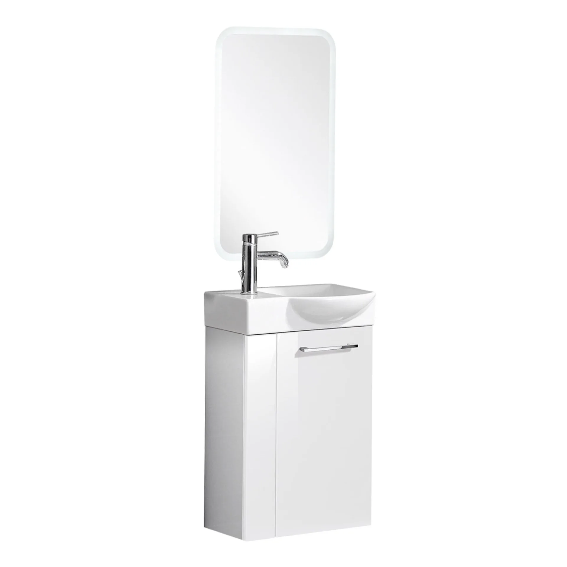 FACKELMANN SBC SCENO Gäste WC Waschtisch Set mit Spiegel 45 cm breit, Weiß, Waschbecken Keramik Weiß, Türanschlag rechts + Armatur
