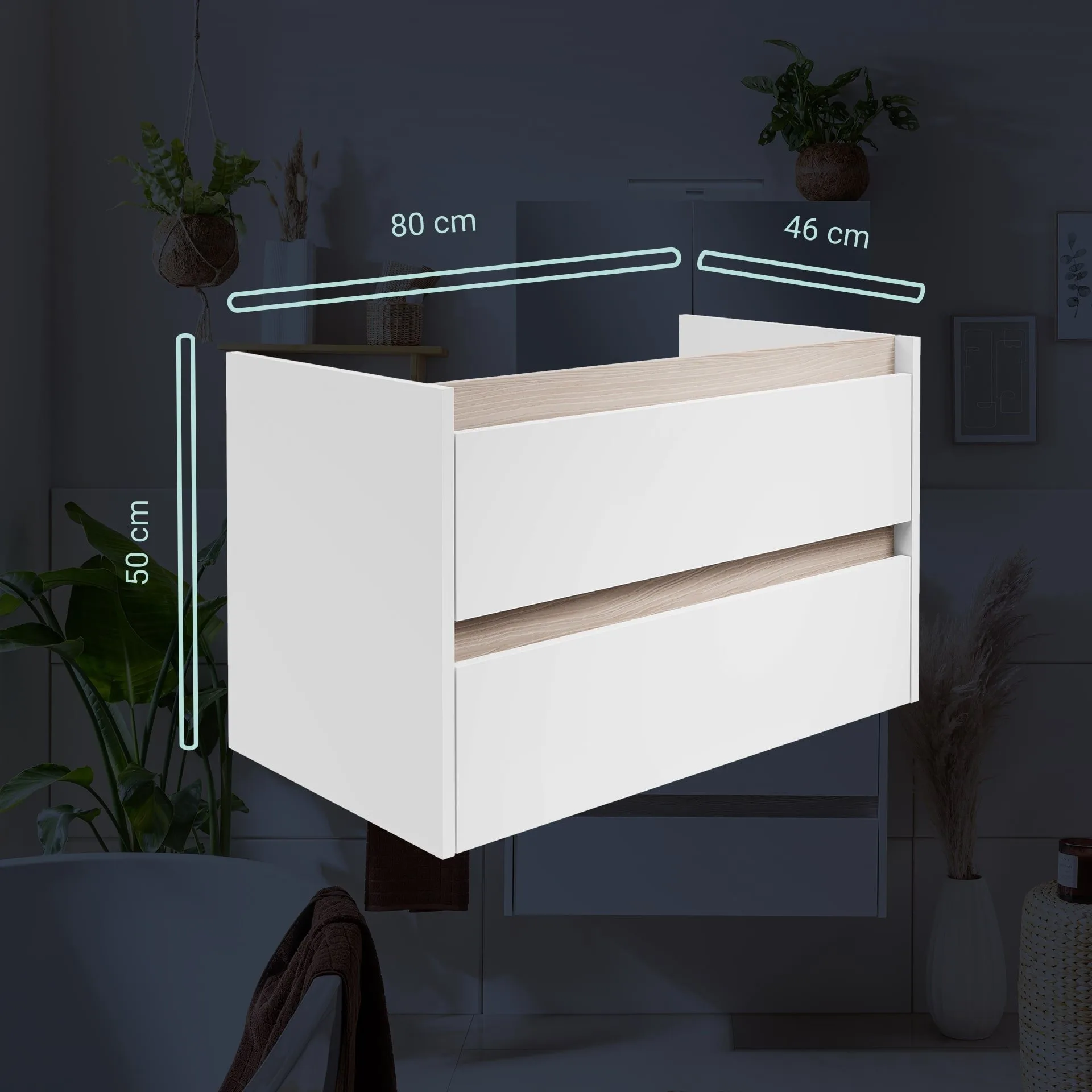 BADEDU OKA Waschtisch Set mit Spiegelschrank 81 cm breit, Weiß/Braun, Waschbecken Keramik Weiß + LED Aufsatzleuchte