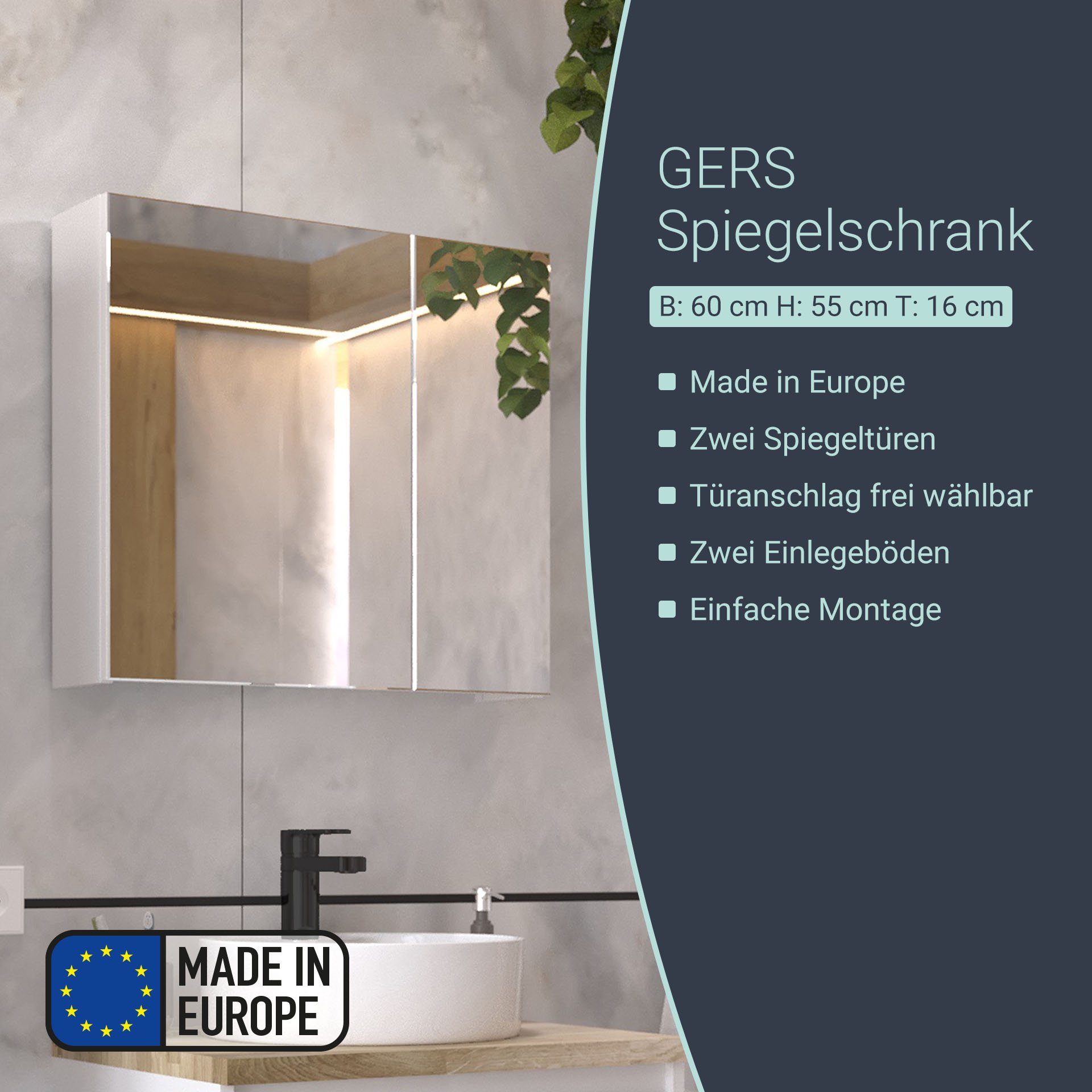 BADEDU GERS Spiegelschrank 60 cm breit, Weiß