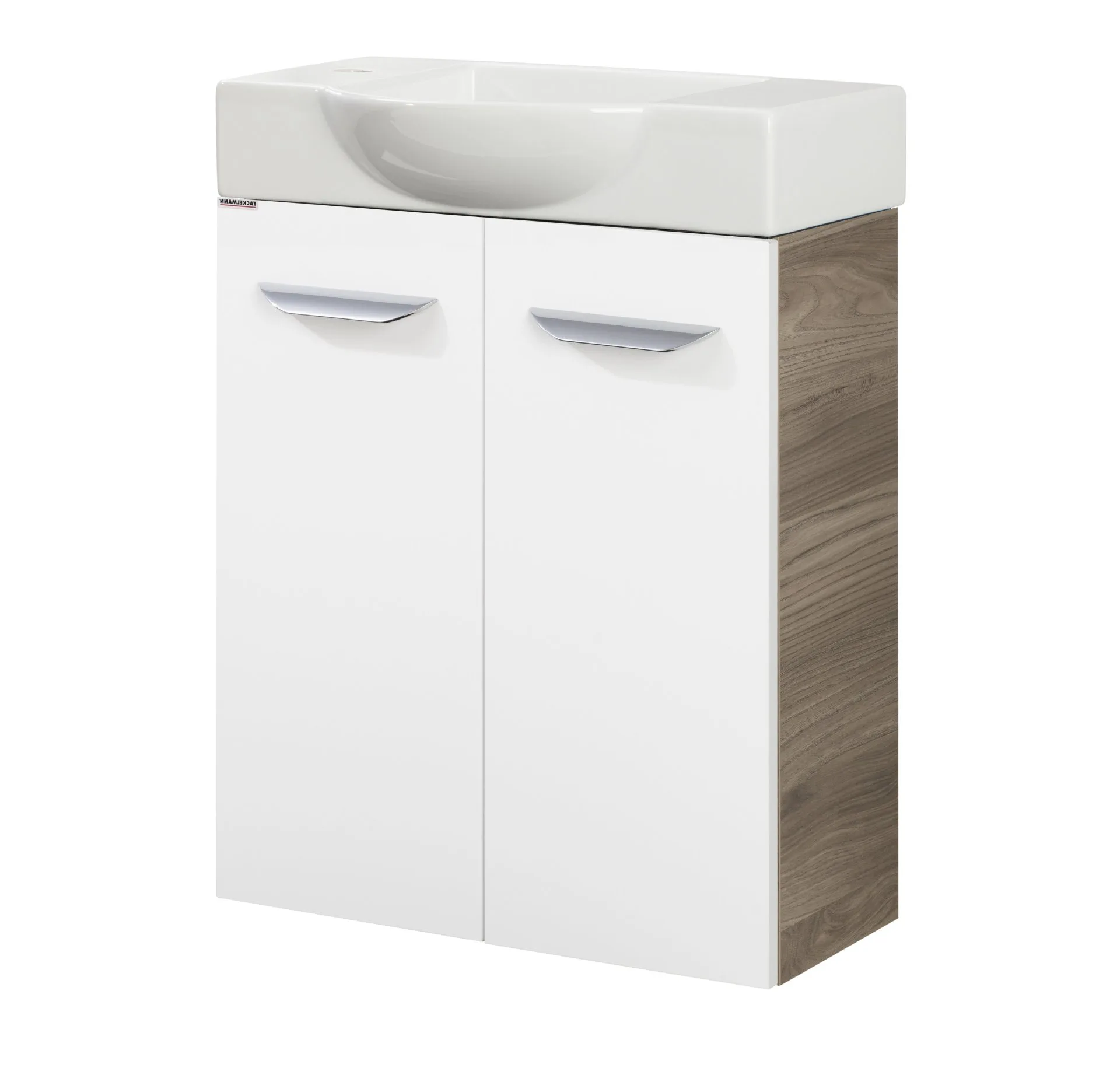 FACKELMANN SBC LUXOR Gäste WC Waschtisch Set 55 cm breit, Weiß/Braun hell, Waschbecken Keramik Weiß, Hahnloch links