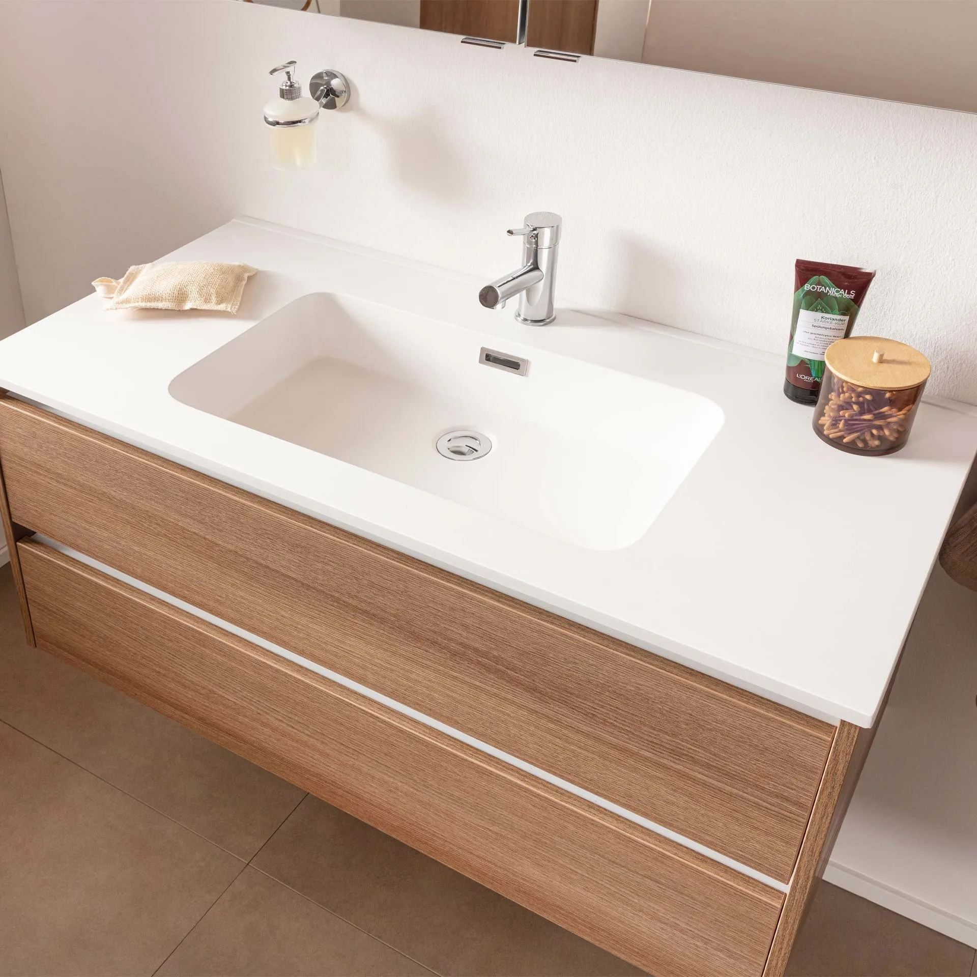 FACKELMANN VITA Waschbecken mit Unterschrank 101 cm breit, Braun hell, Waschbecken Gussmarmor Weiß matt