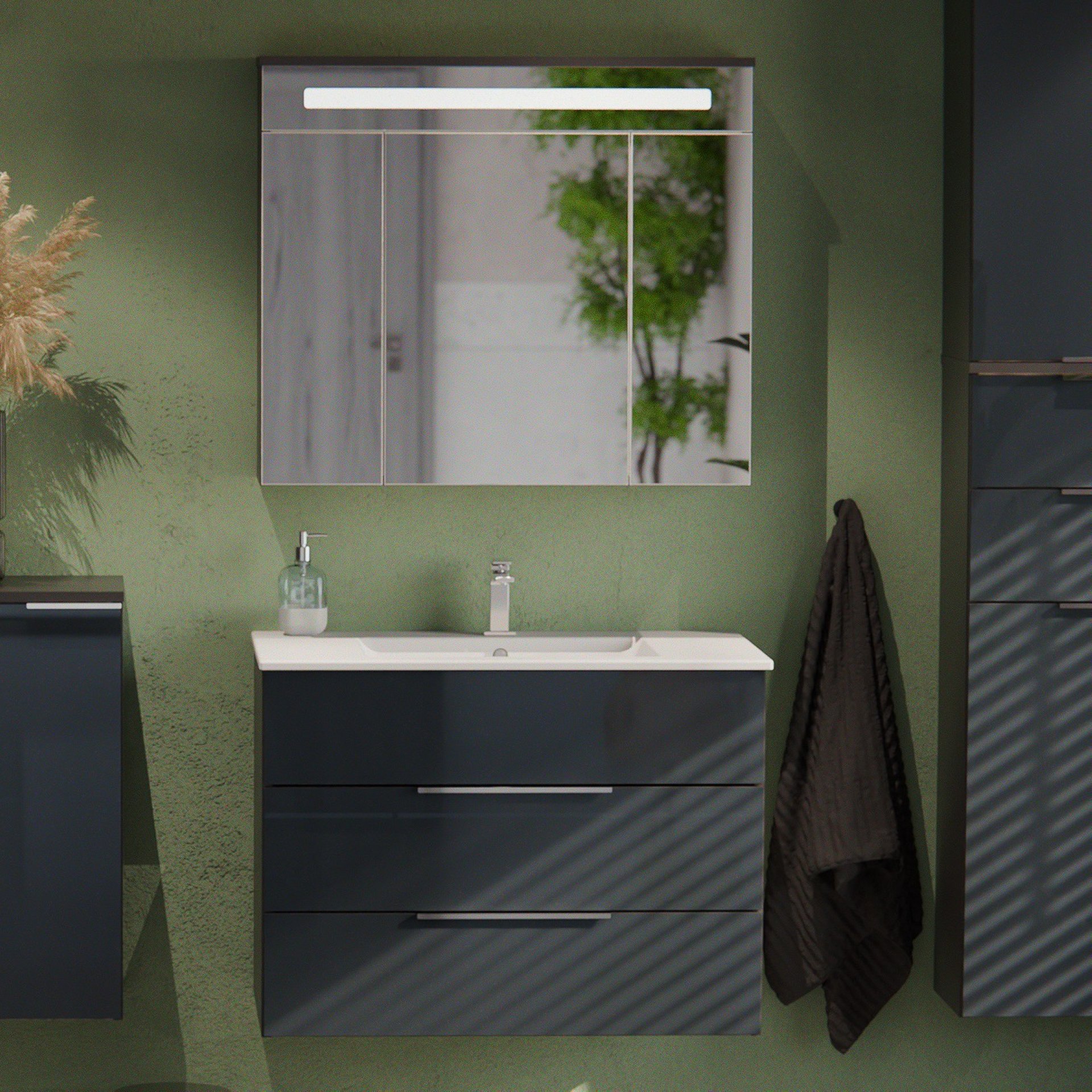 FACKELMANN KARA Waschtisch Set mit Spiegelschrank 80 cm breit, Anthrazit, Waschbecken Keramik Weiß, 2 Schubladen