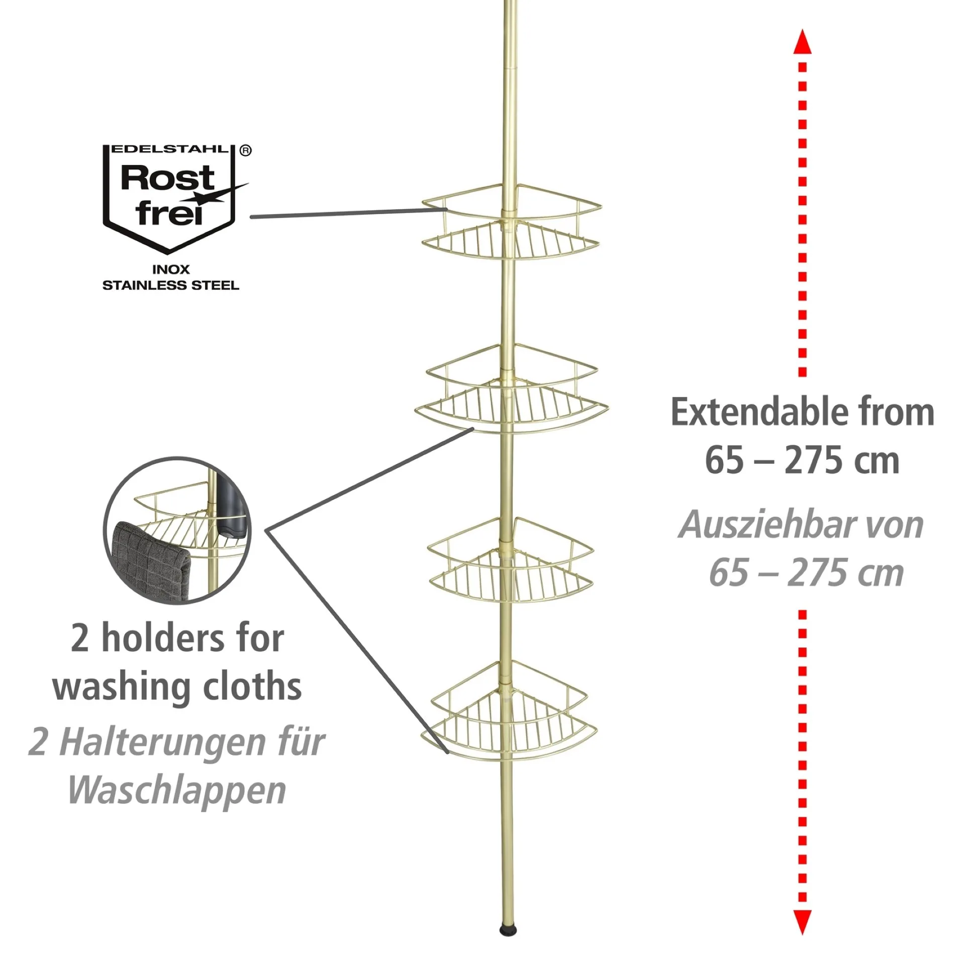 WENKO DOLCEDO Dusch Eckablage, Gold matt, 4 Etagen, Edelstahl rostfrei, zum Einklemmen