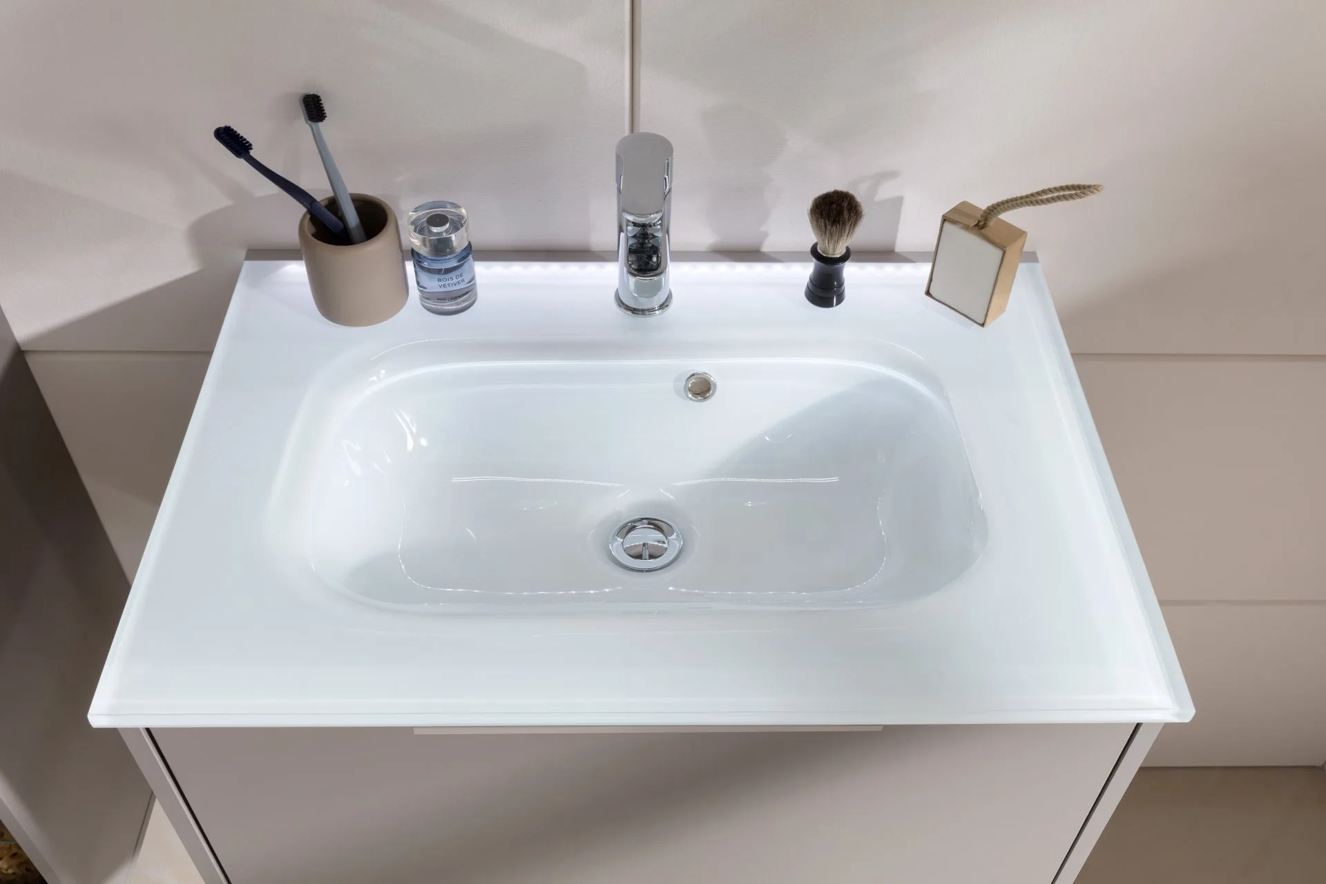 FACKELMANN B.PARIS Waschbecken mit Unterschrank 70 cm breit, Grau, Waschbecken Glas Weiß