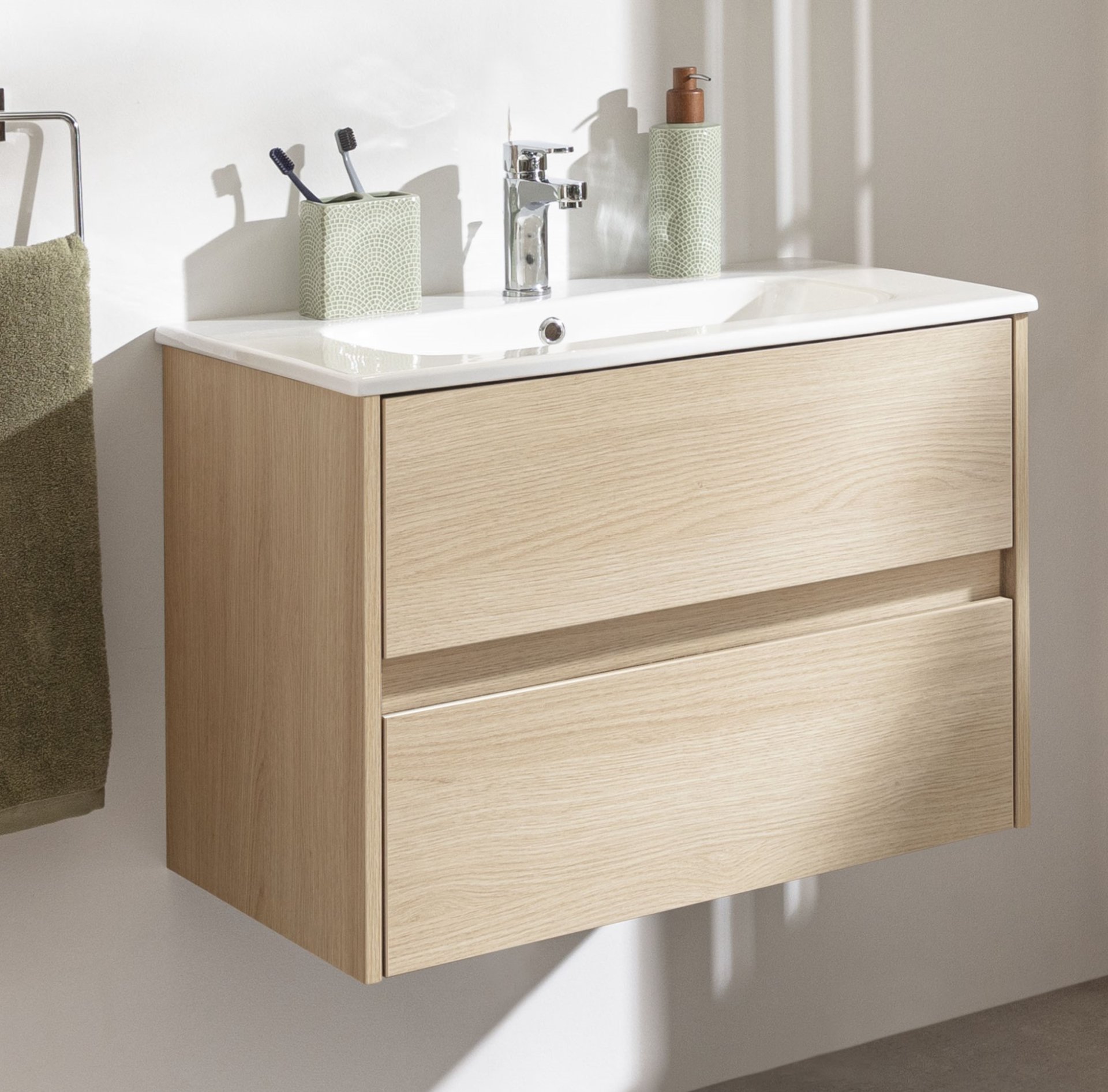 FACKELMANN COMPACT LINE Waschbecken mit Unterschrank 71 cm breit, Braun hell, Waschbecken Keramik Weiß, 2 Schubladen